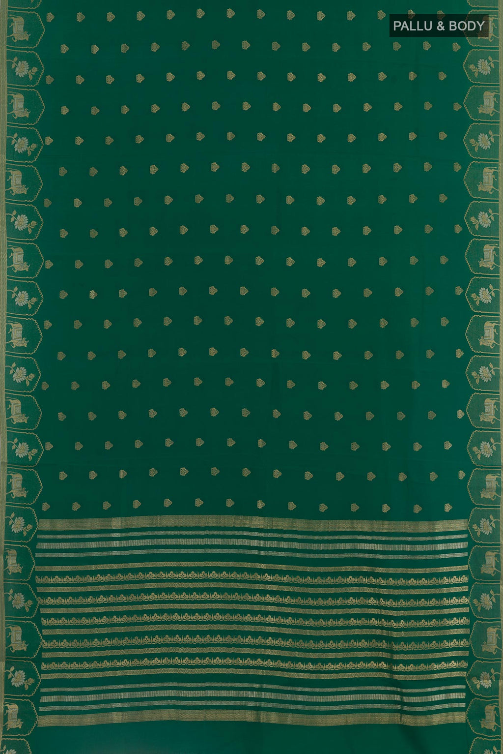 Flat view of Green Mysore Crepe Saree with Zari Butta on the body and Zari Border. 