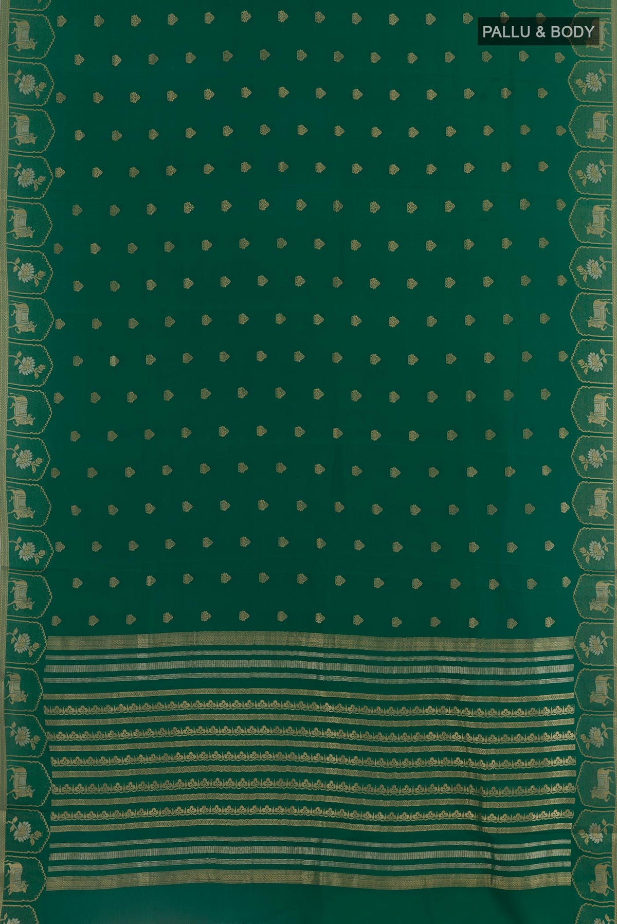 Flat view of Green Mysore Crepe Saree with Zari Butta on the body and Zari Border. 