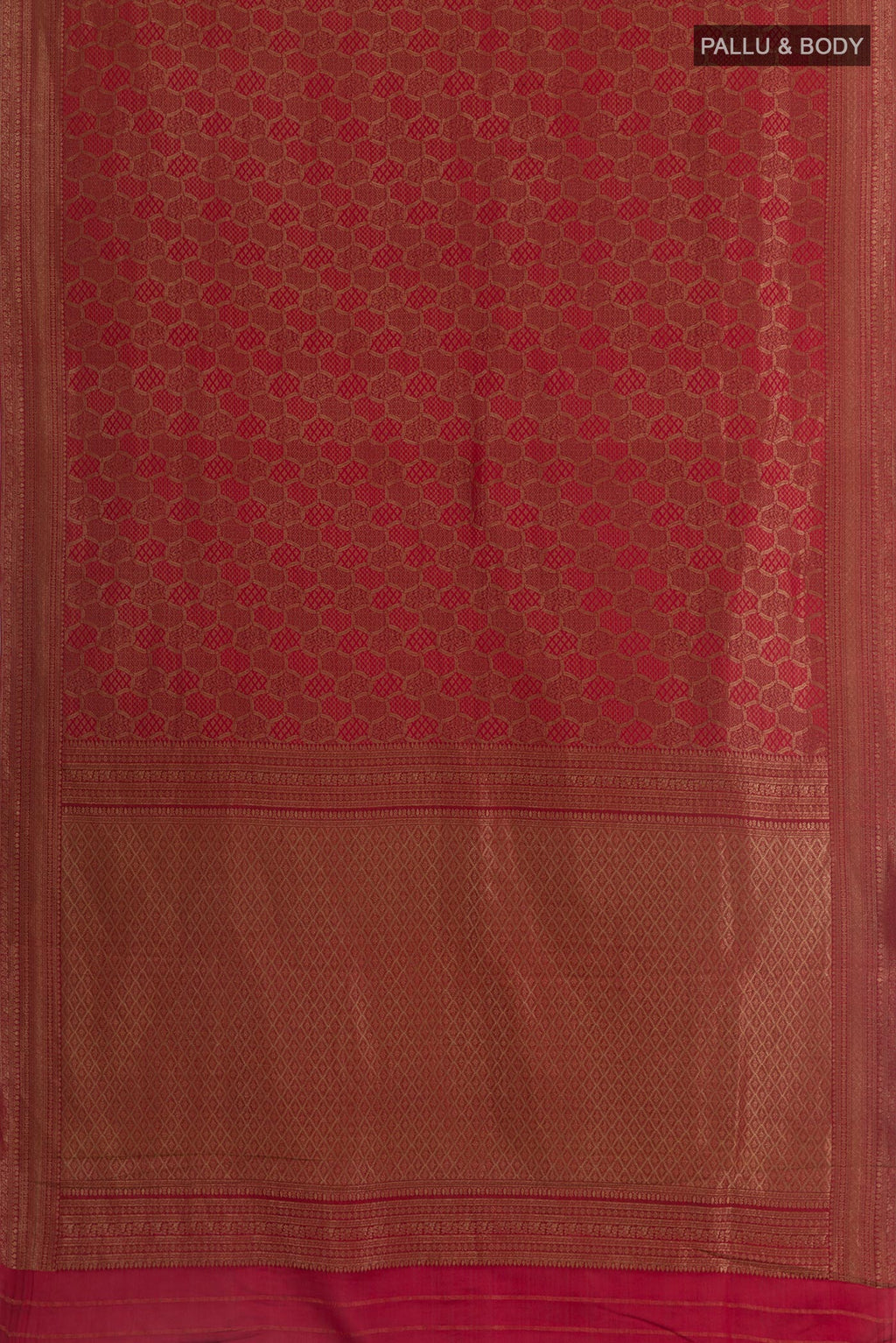 Flat view of Maroon Mysore Crepe Saree with Zari Brocade on the body and Zari Border. 