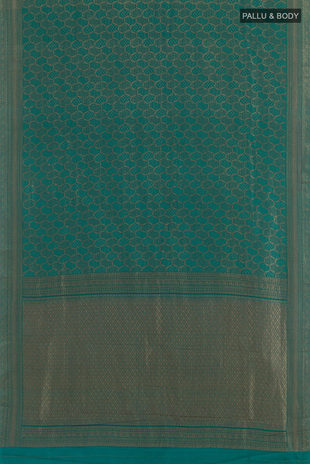 Flat view of Teal Mysore Crepe Saree with Zari Brocade on the body and Zari Border. 