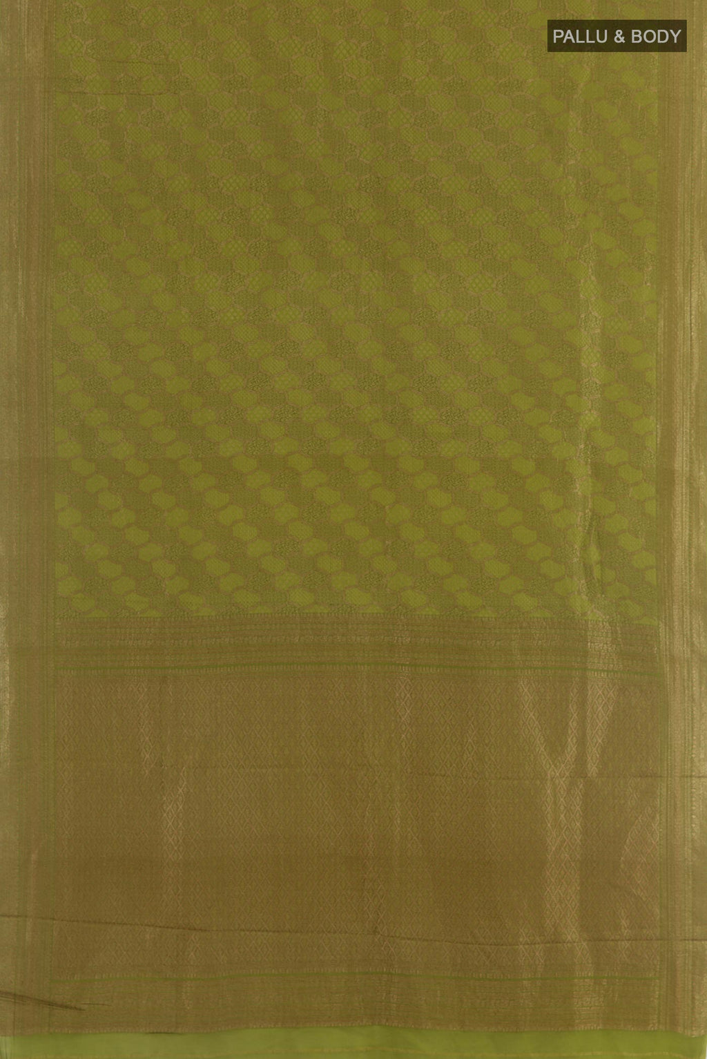 Flat view of Mehandi Green Mysore Crepe Saree with Zari Brocade on the body and Zari Border. 
