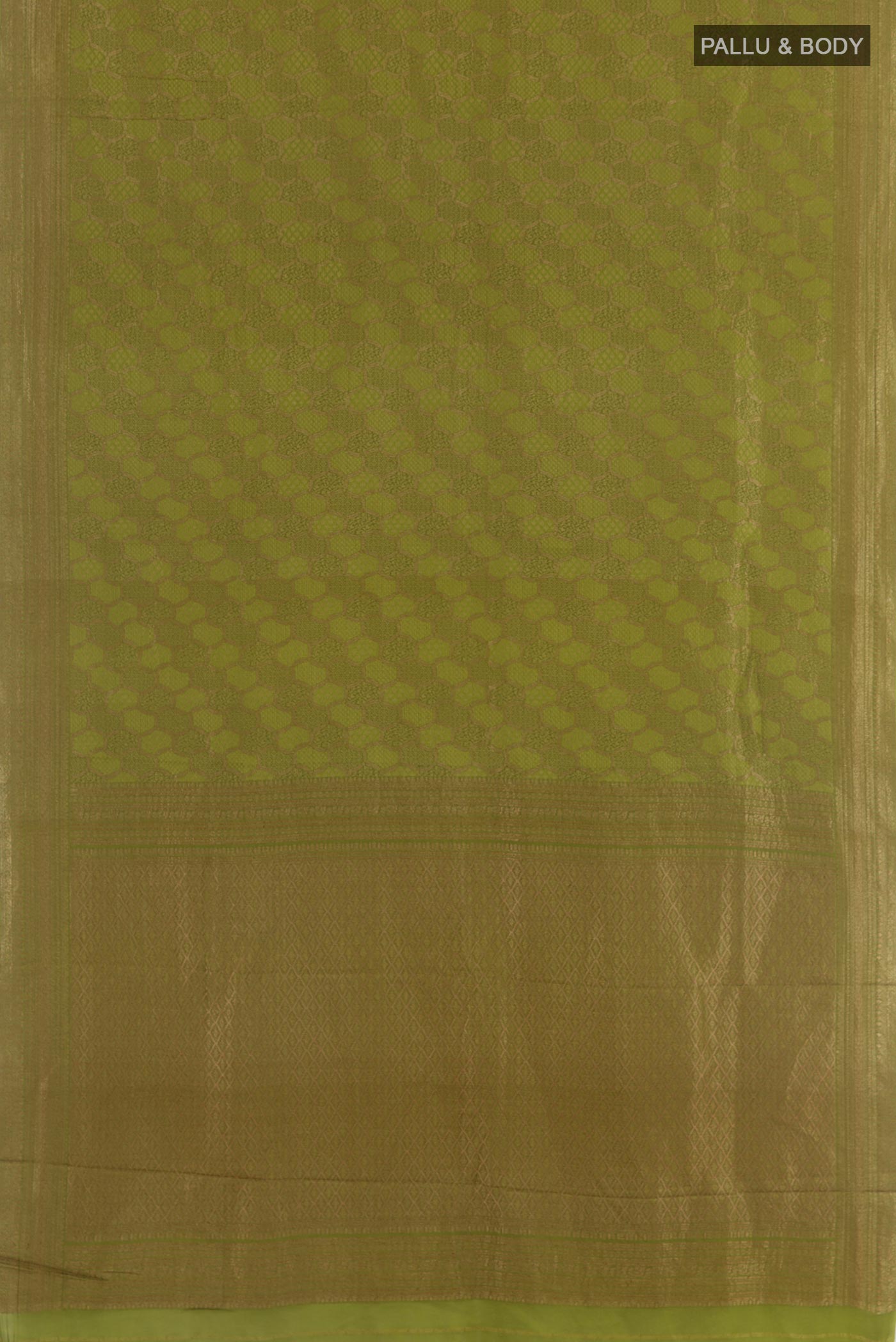 Flat view of Mehandi Green Mysore Crepe Saree with Zari Brocade on the body and Zari Border. 