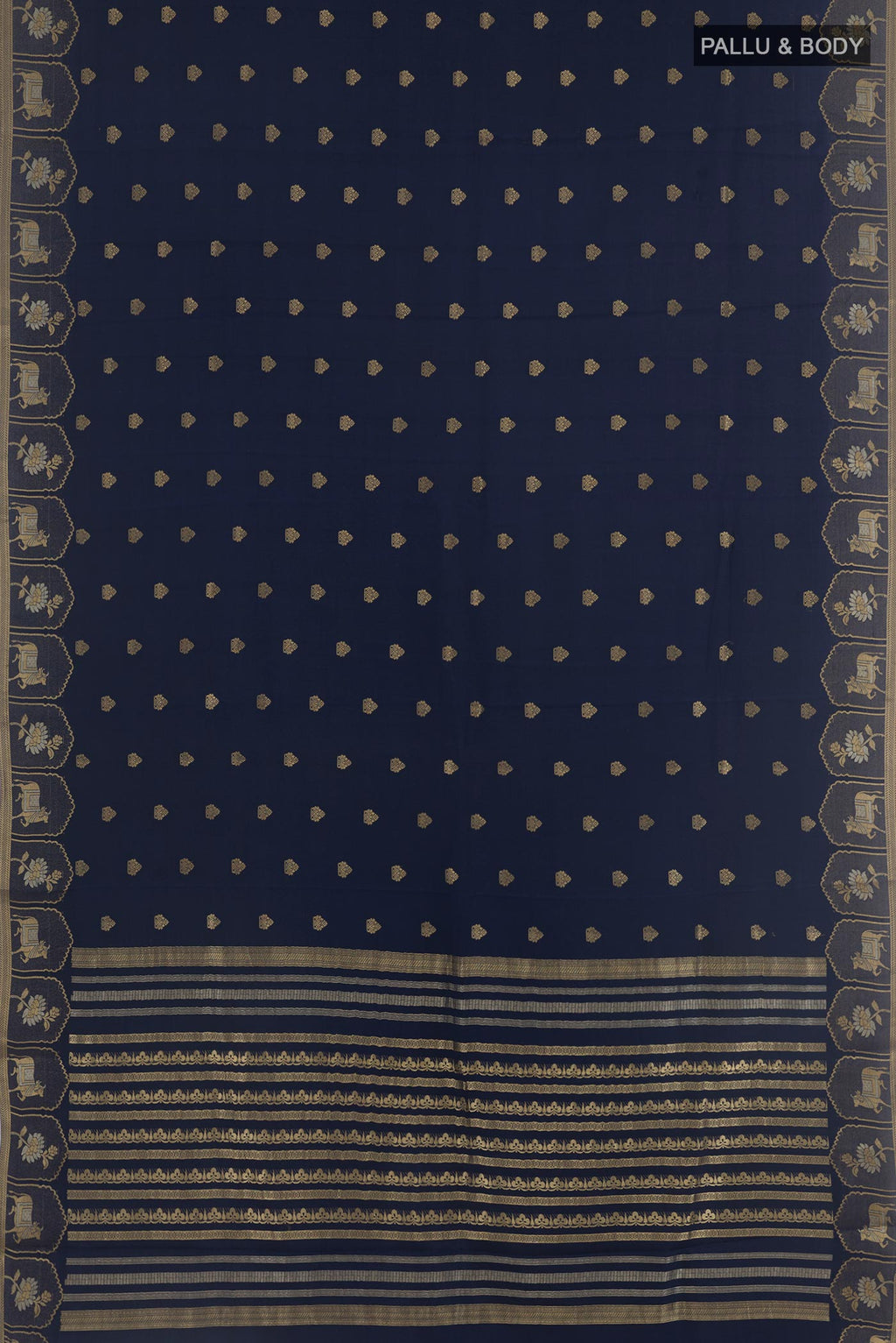 Flat view of Navy Blue Mysore Crepe Saree with Zari Butta on the body and Zari Border. 