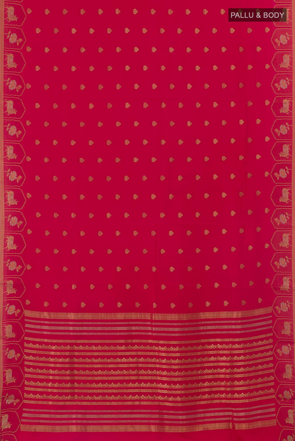 Flat view of Pink Mysore Crepe Saree with Zari Butta on the body and Zari Border. 