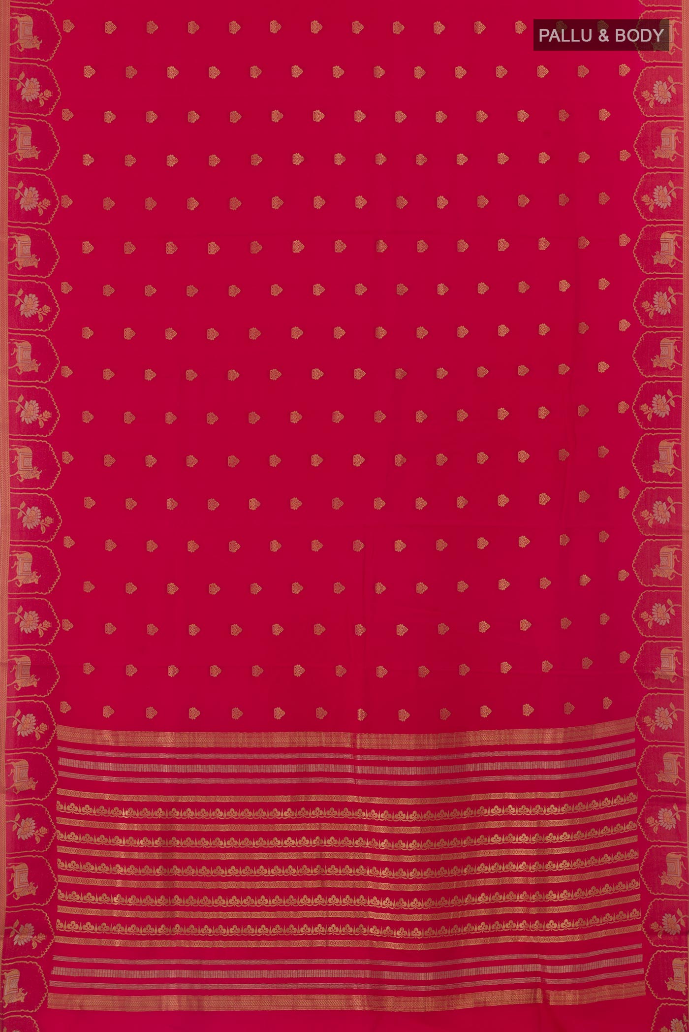 Flat view of Pink Mysore Crepe Saree with Zari Butta on the body and Zari Border. 
