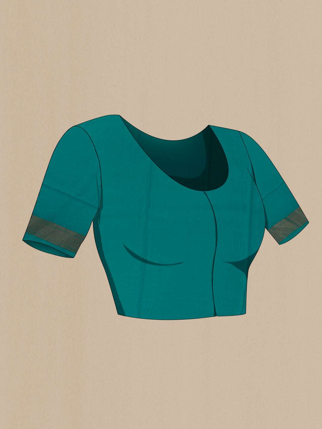 Close up image of the blouse of Teal Mysore Crepe Saree with Zari Brocade on the body and Zari Border. 