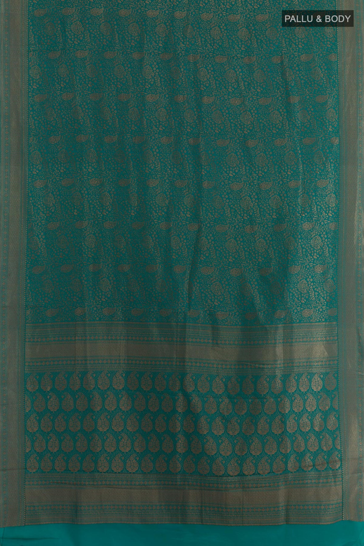 Flat view of Teal Mysore Crepe Saree with Zari Brocade on the body and Zari Border. 