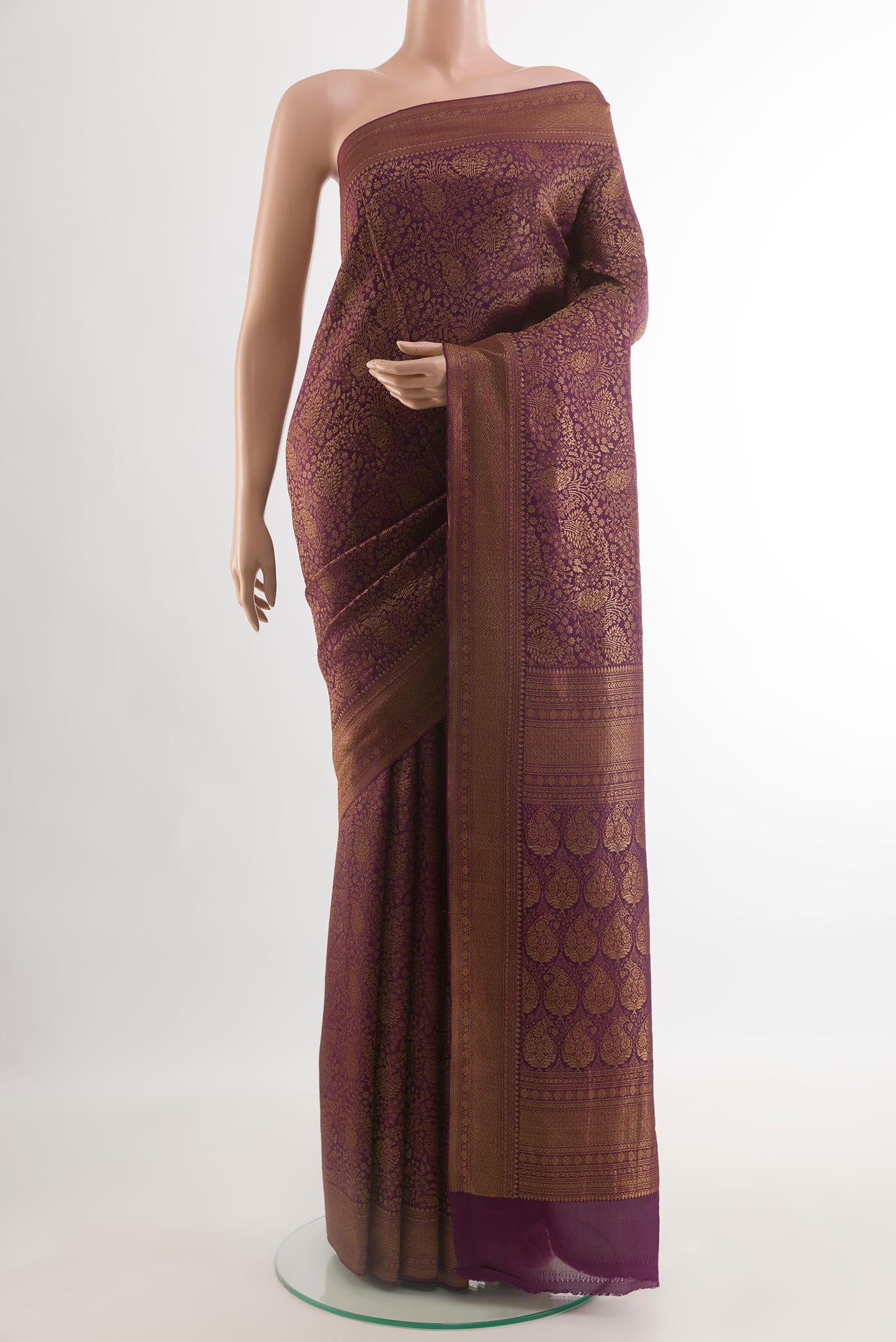 Purple Mysore Crepe Saree with Zari Brocade on the body and Zari Border.  displayed on a mannequin