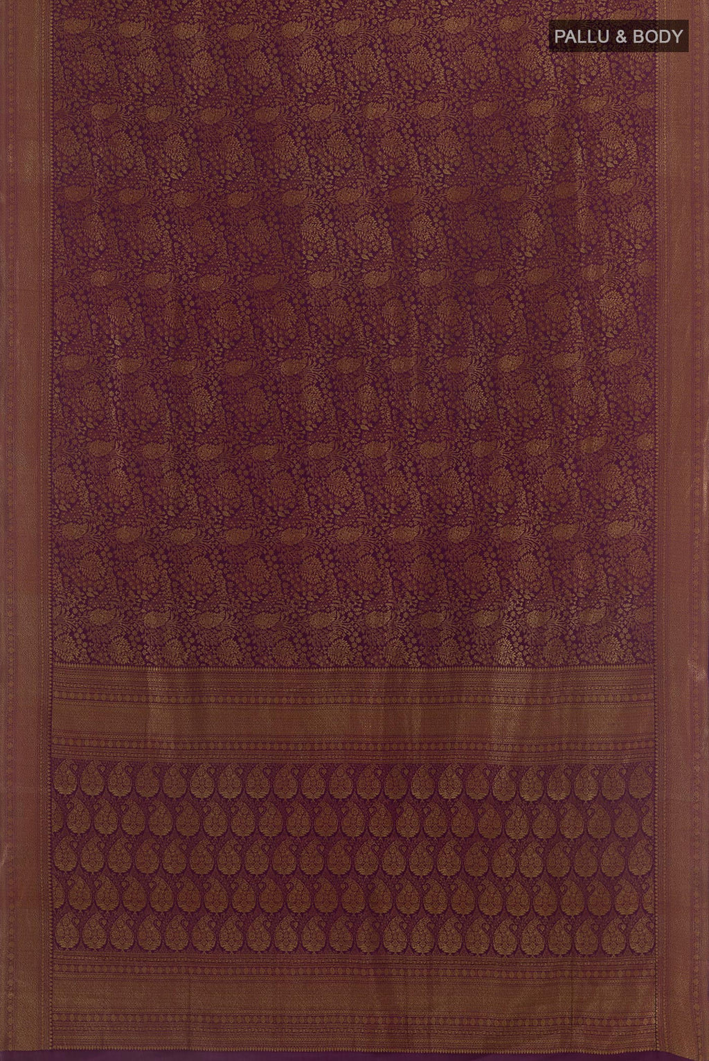 Flat view of Purple Mysore Crepe Saree with Zari Brocade on the body and Zari Border. 