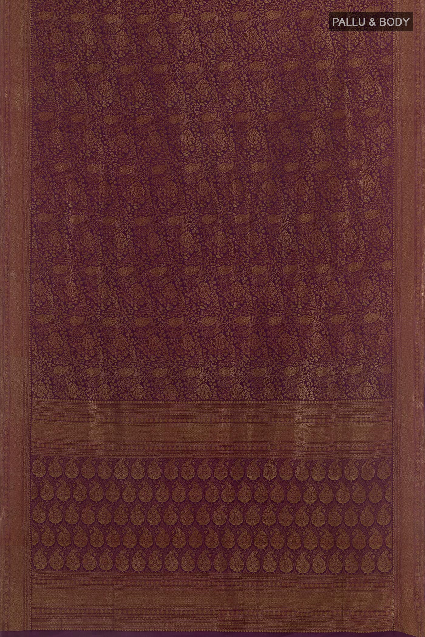 Flat view of Purple Mysore Crepe Saree with Zari Brocade on the body and Zari Border. 