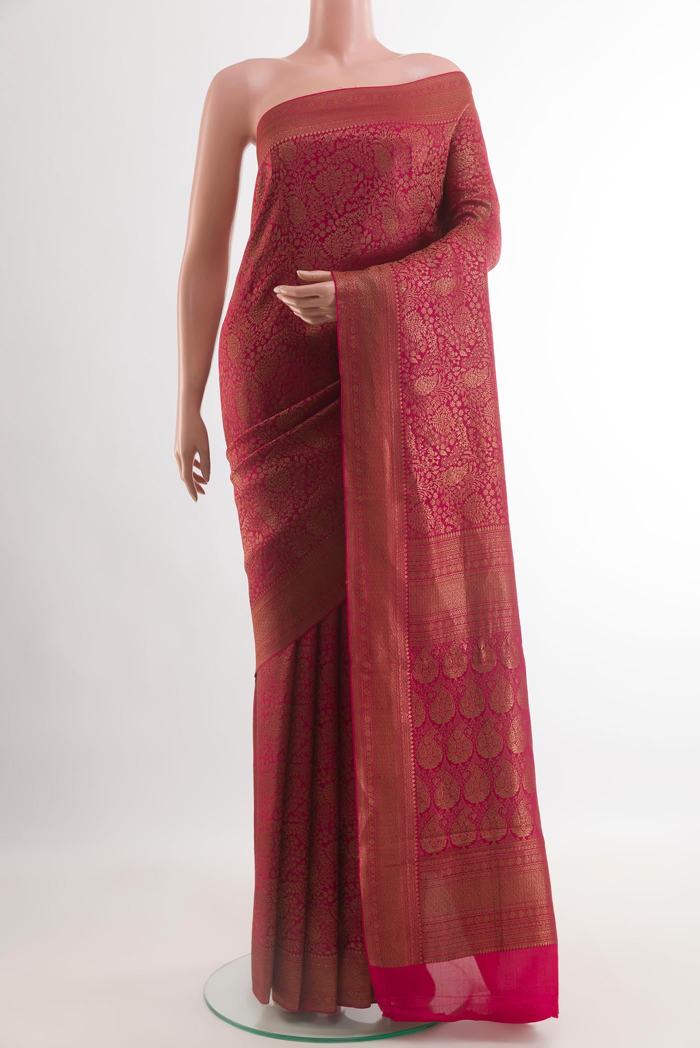 Pink Mysore Crepe Saree with Zari Brocade on the body and Zari Border.  displayed on a mannequin
