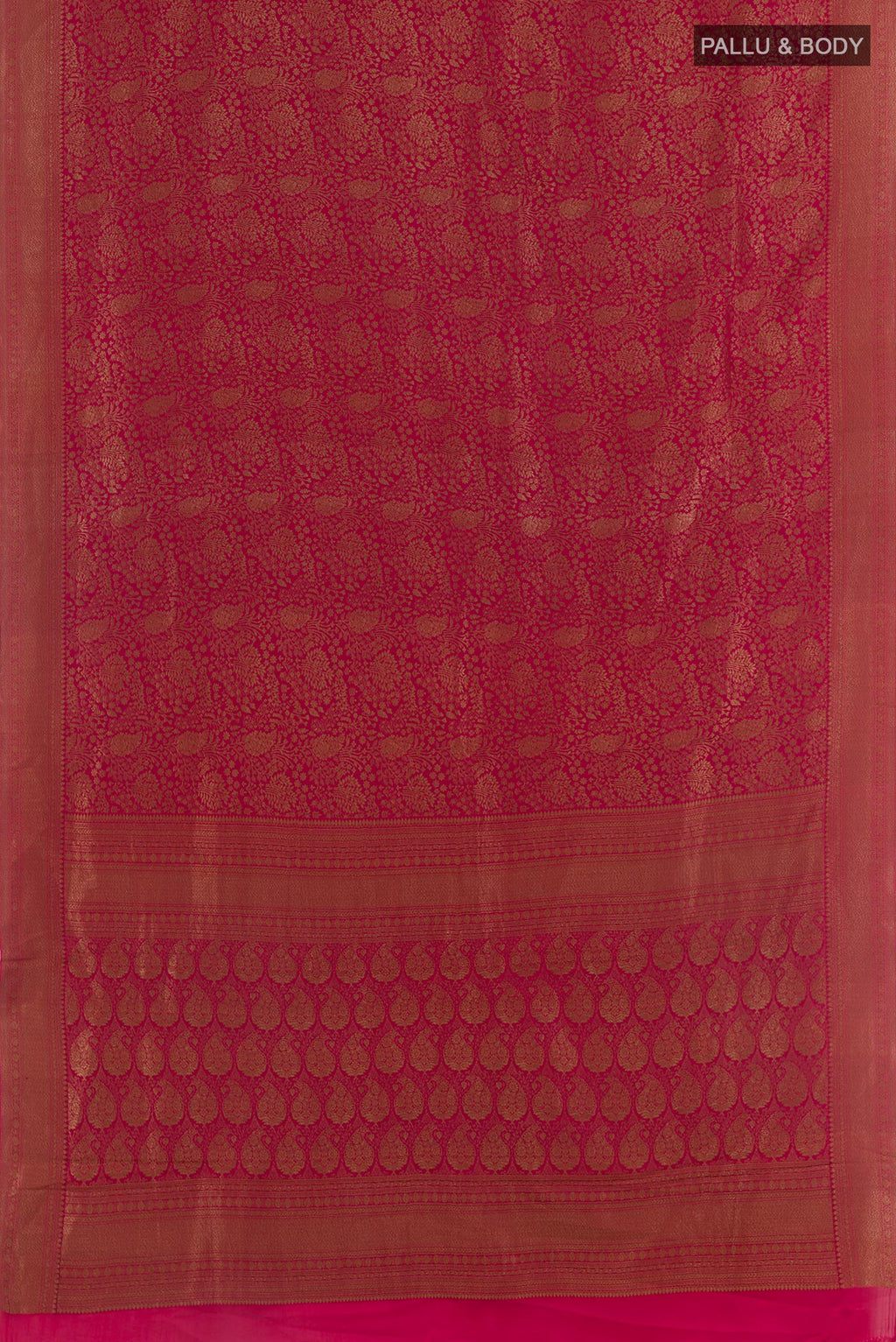 Flat view of Pink Mysore Crepe Saree with Zari Brocade on the body and Zari Border. 