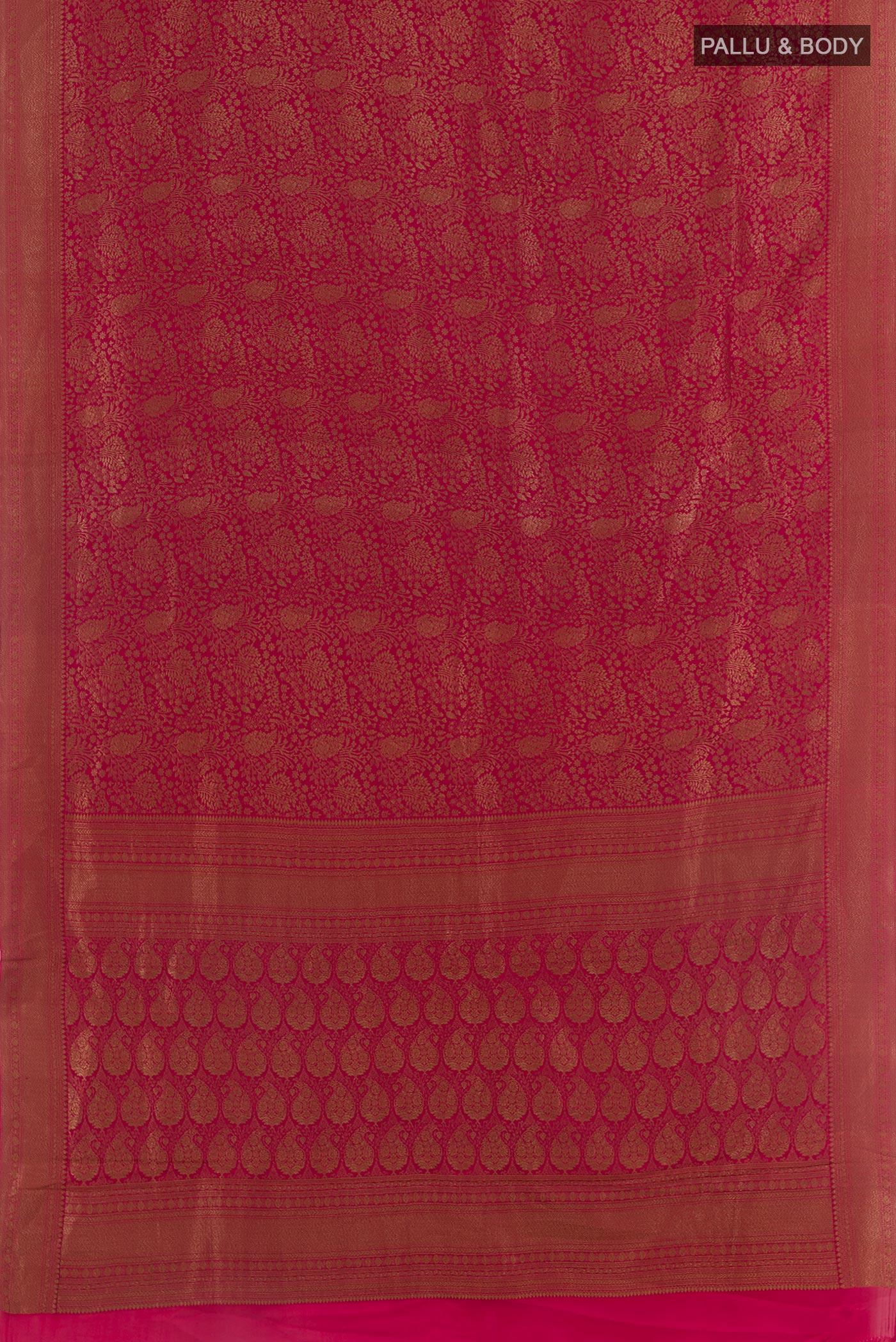 Flat view of Pink Mysore Crepe Saree with Zari Brocade on the body and Zari Border. 