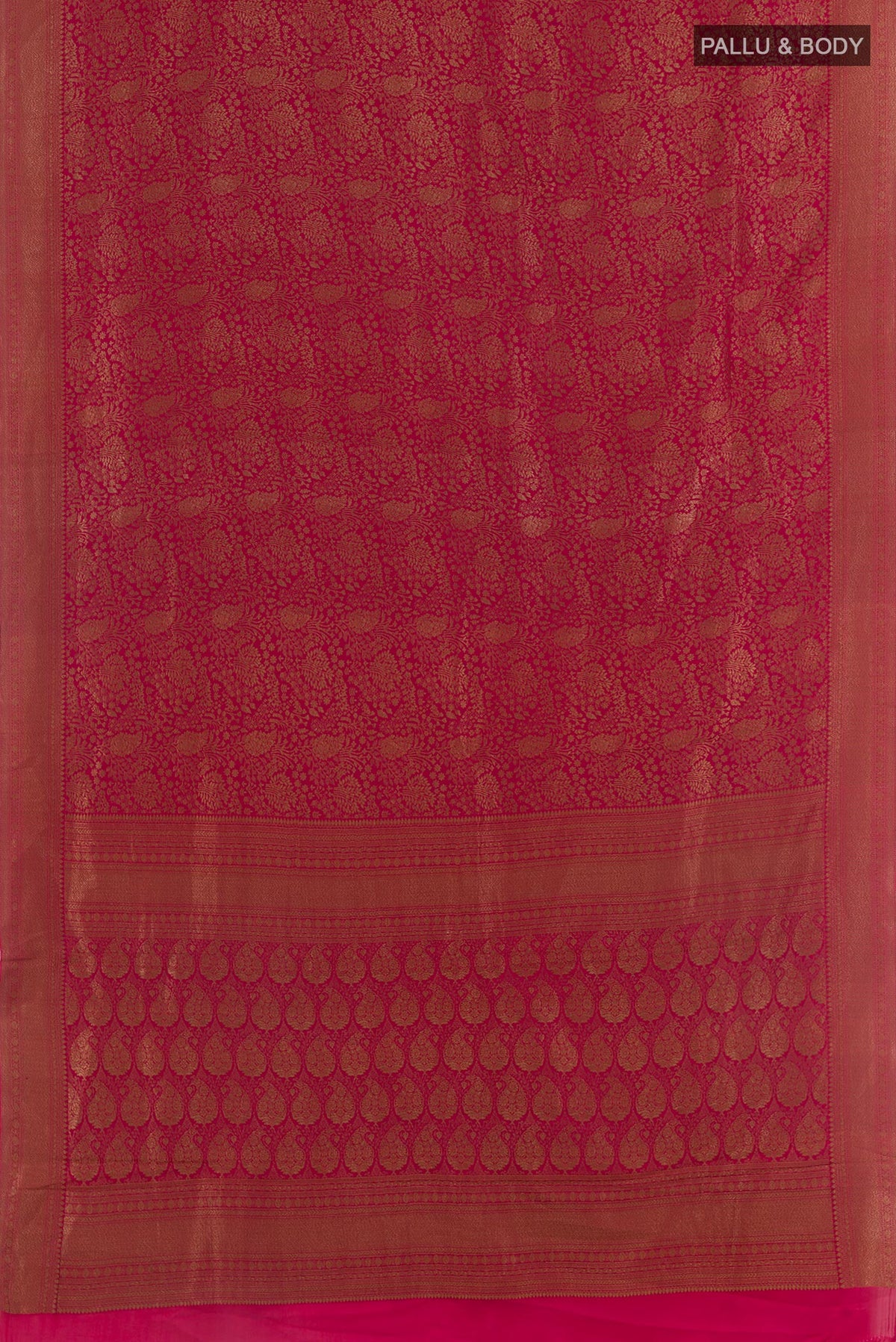 Flat view of Pink Mysore Crepe Saree with Zari Brocade on the body and Zari Border. 