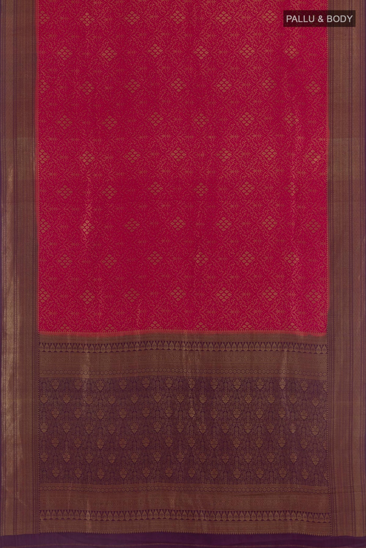 Flat view of Pink Mysore Crepe Saree with Zari Brocade on the body and Zari Border. 