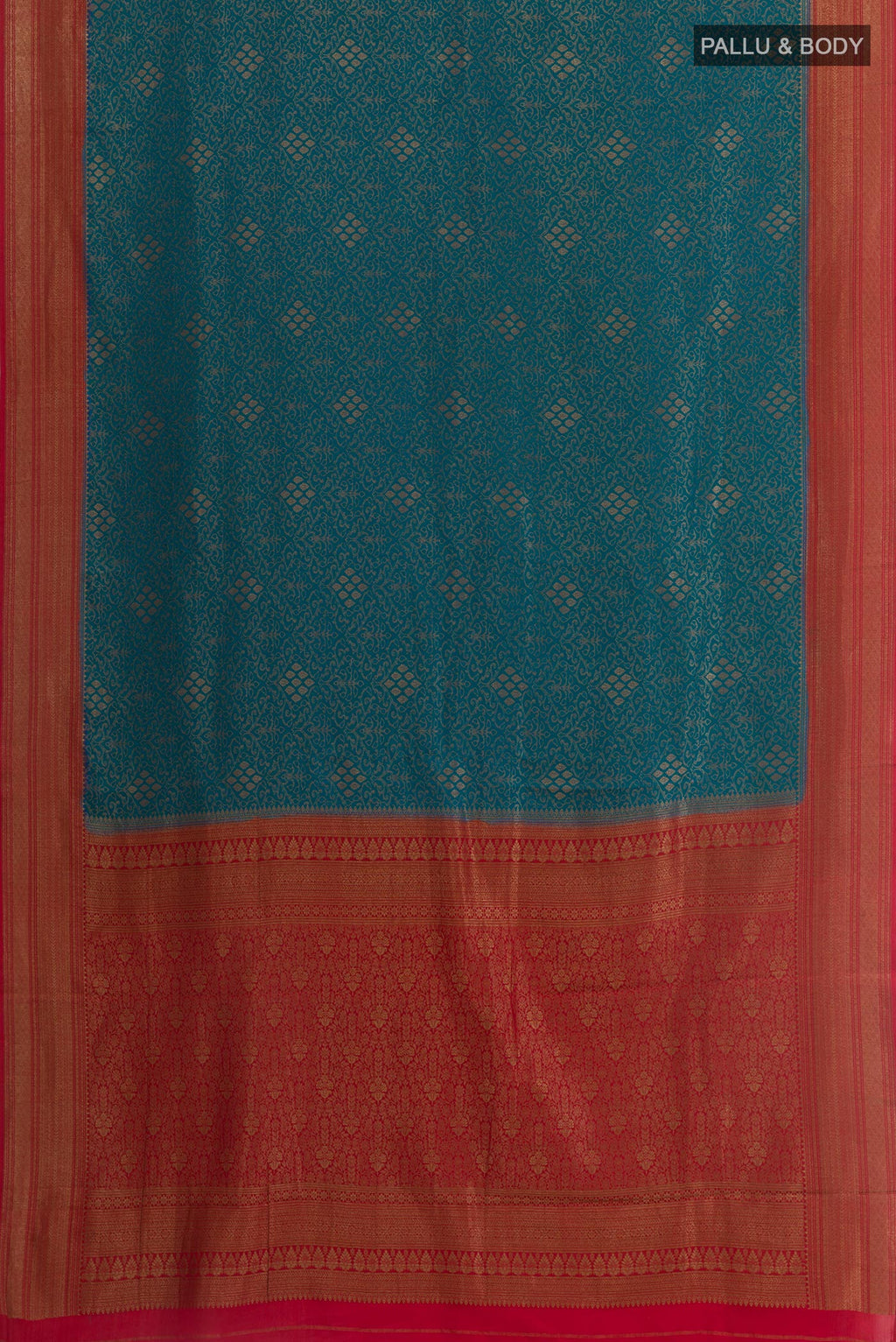 Flat view of Blue Mysore Crepe Saree with Zari Brocade on the body and Zari Border. 