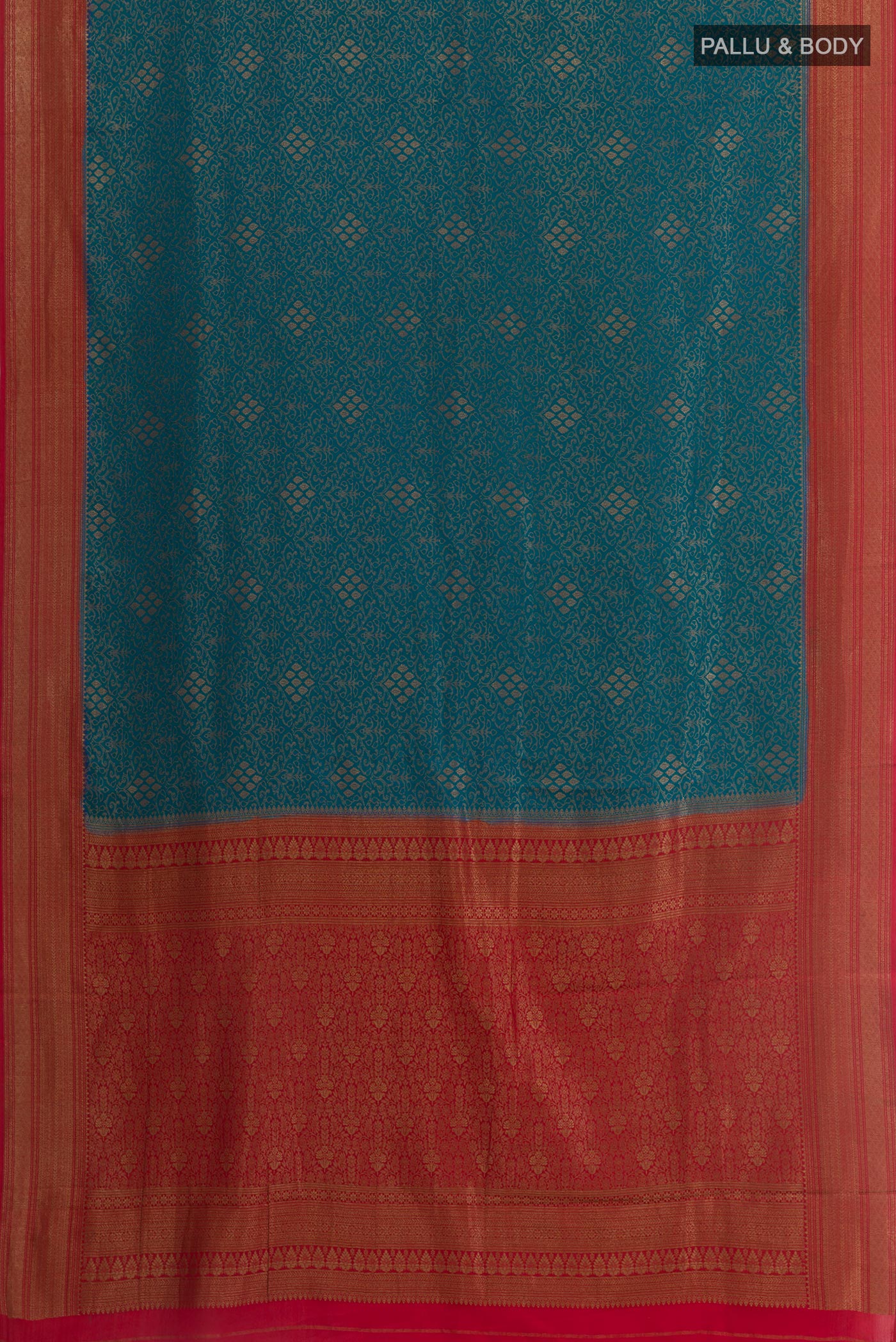 Flat view of Blue Mysore Crepe Saree with Zari Brocade on the body and Zari Border. 