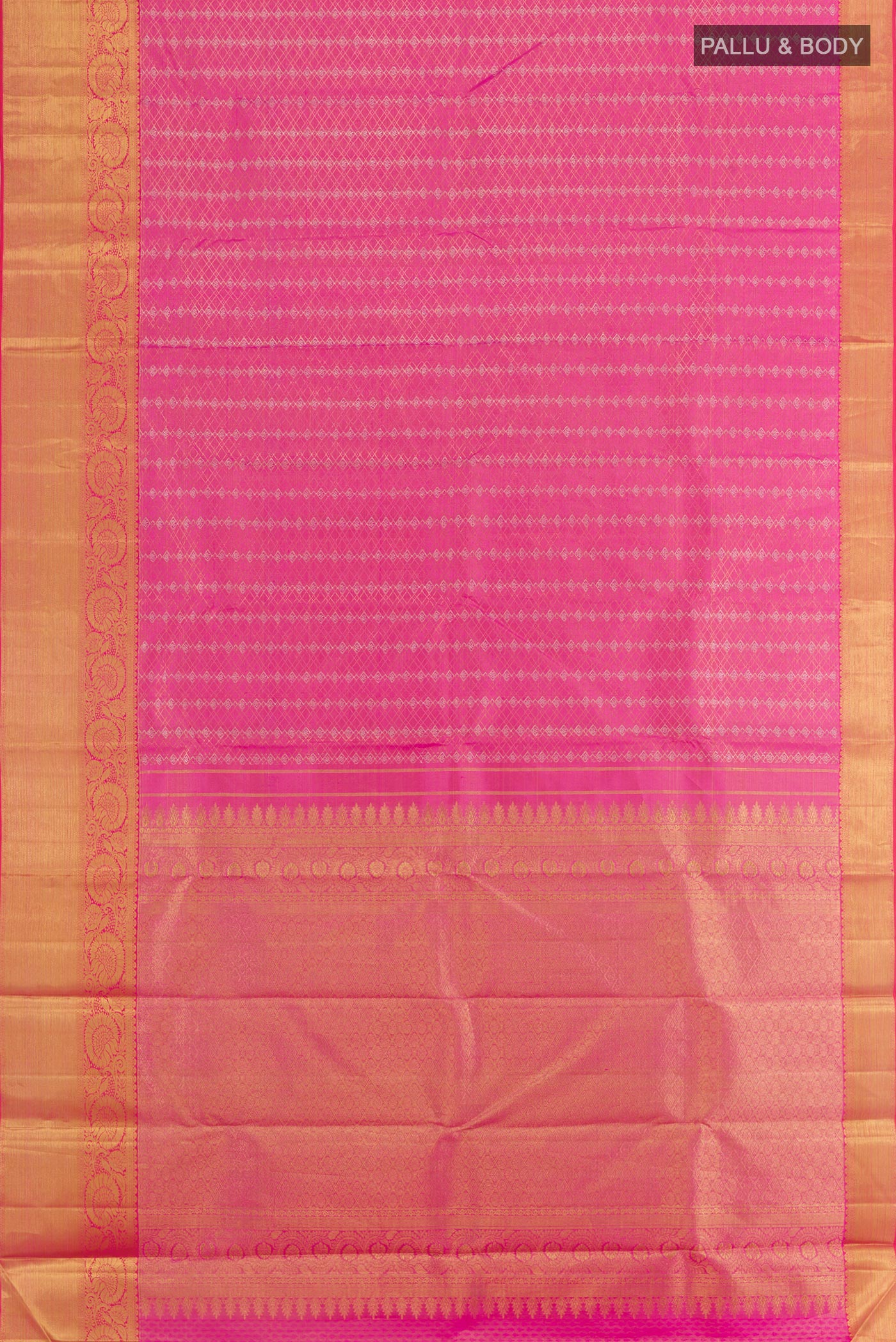 Flat view of Pink Kanjivaram Silk Saree with Zari Butta on the body and Zari Border. 