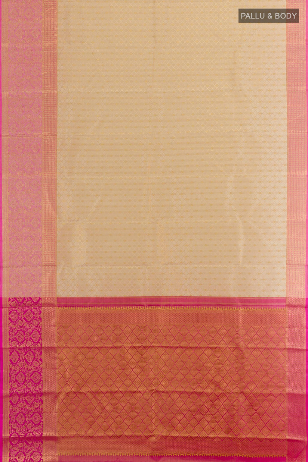 Flat view of Cream Kanjivaram Silk Saree with Zari Brocade on the body and Zari Border. 