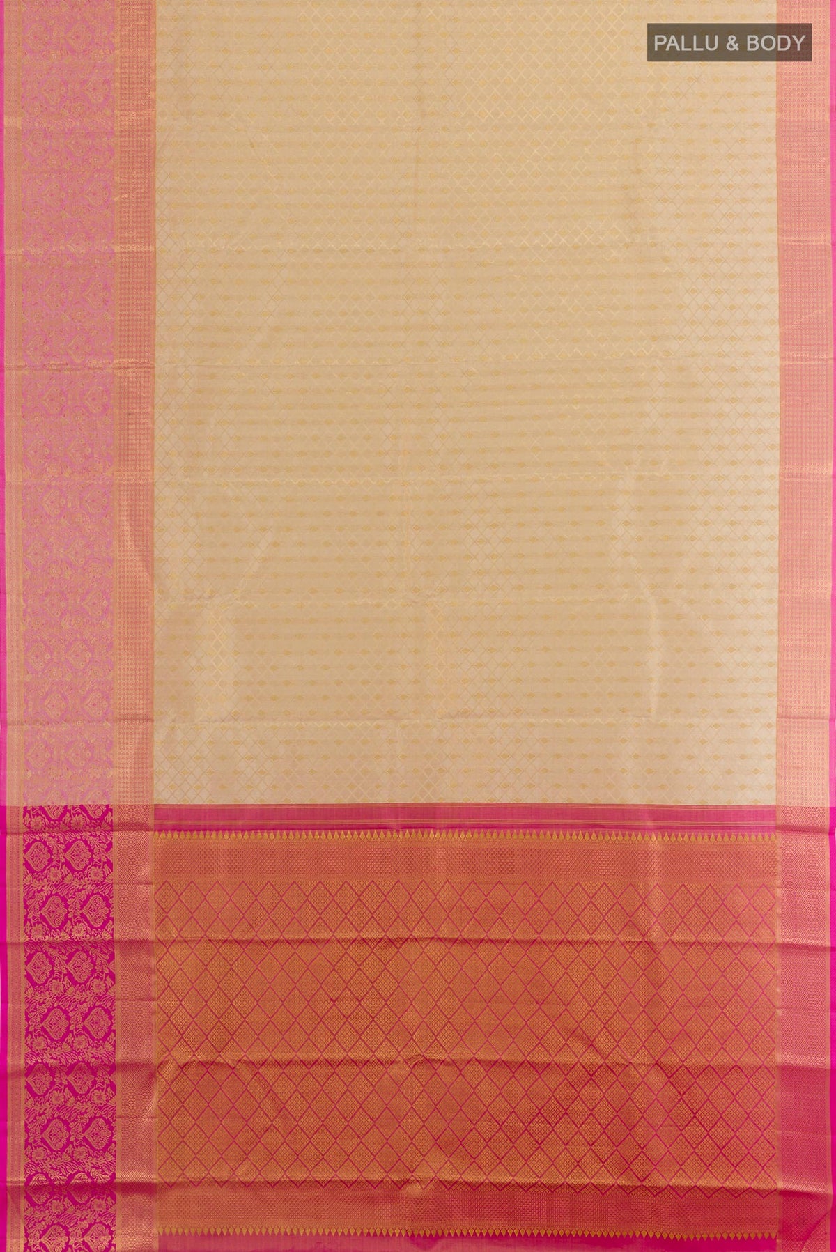Flat view of Cream Kanjivaram Silk Saree with Zari Brocade on the body and Zari Border. 