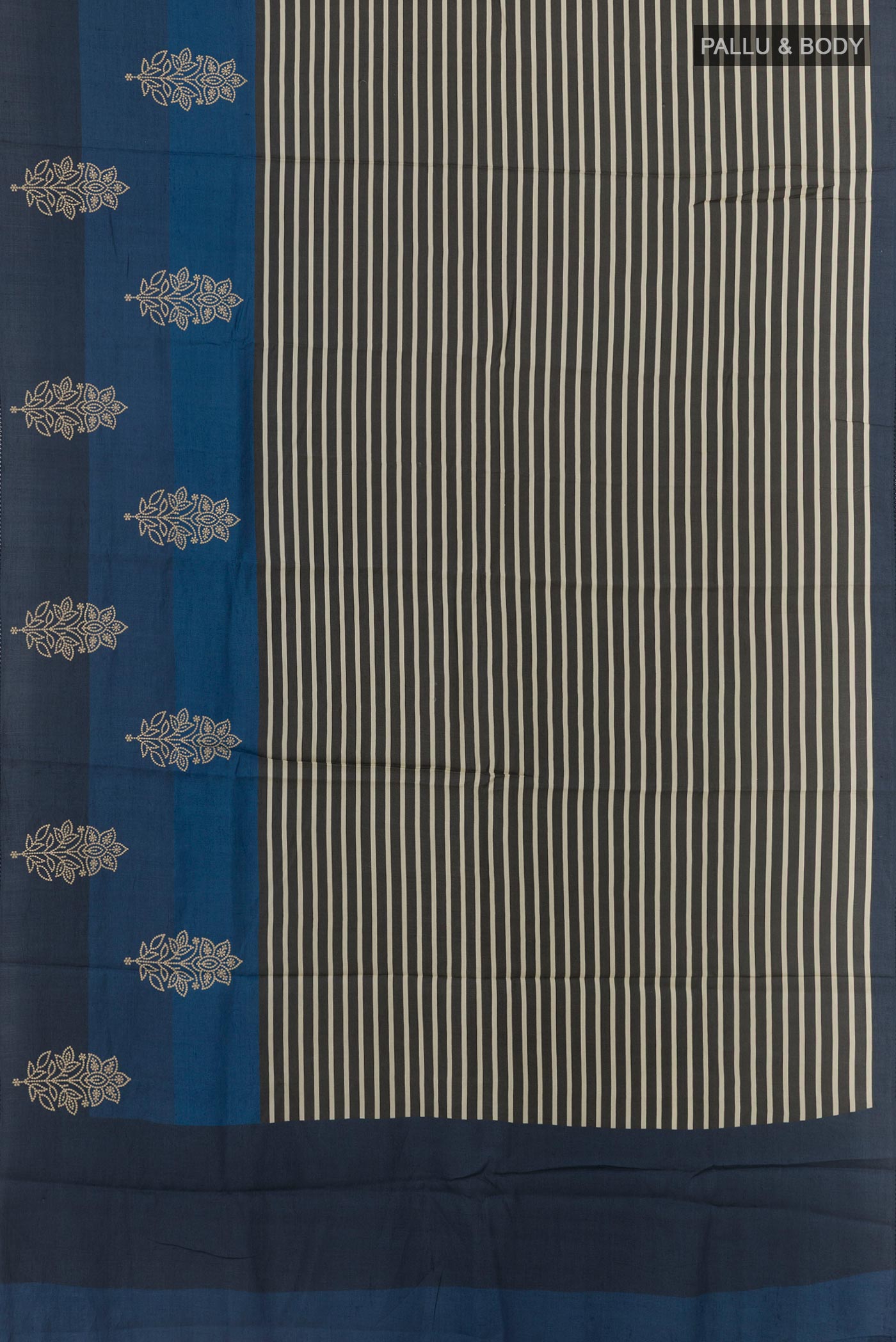 Flat view of Blue Tussar Saree with Stripes on the body and Embroidery Border. 