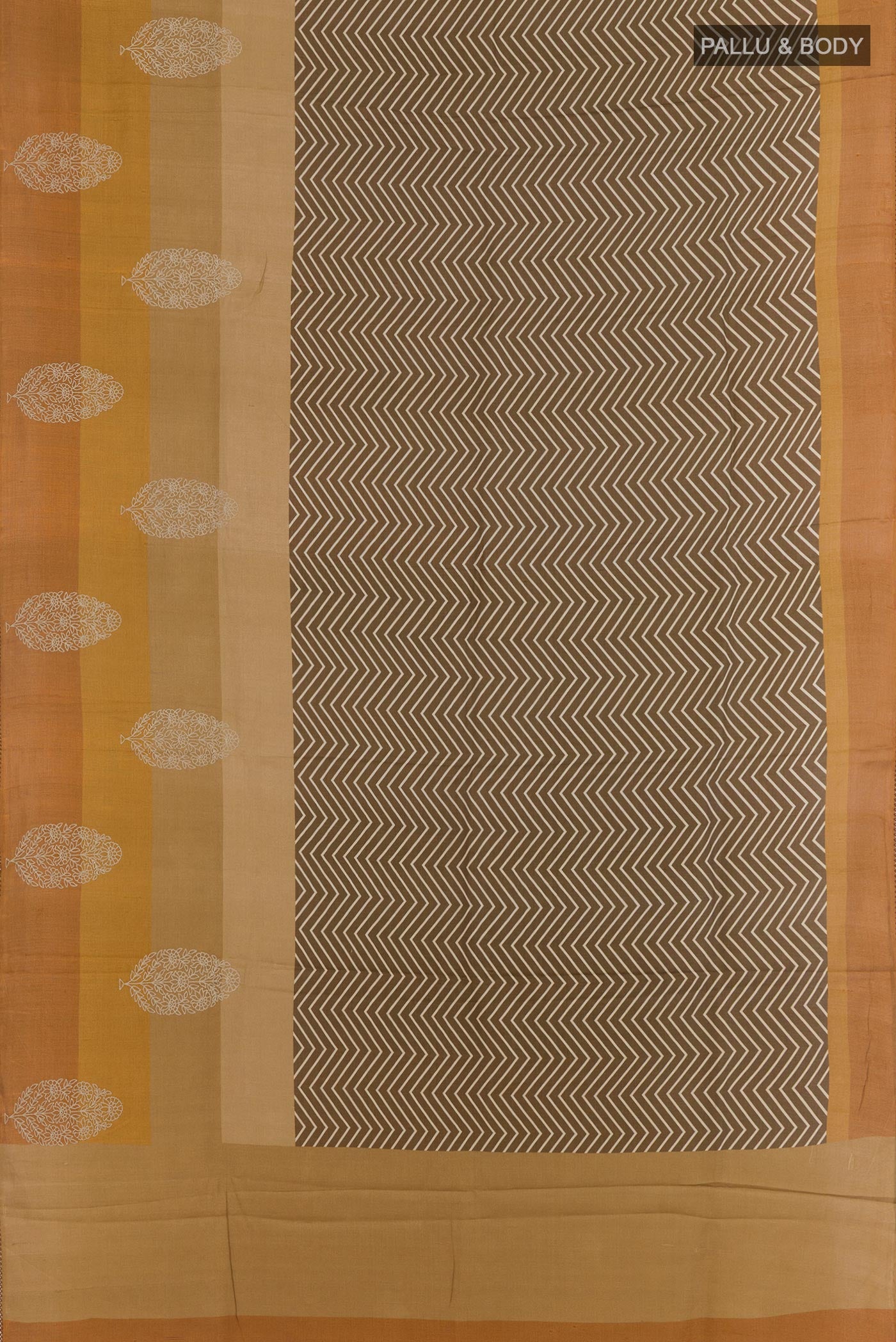 Flat view of Olive Green Tussar Silk Saree with Printed design on the body and Embroidery Border. 