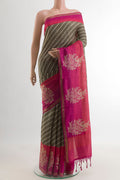 Brown Tussar Silk Saree with Printed design on the body and Plain Border.  displayed on a mannequin