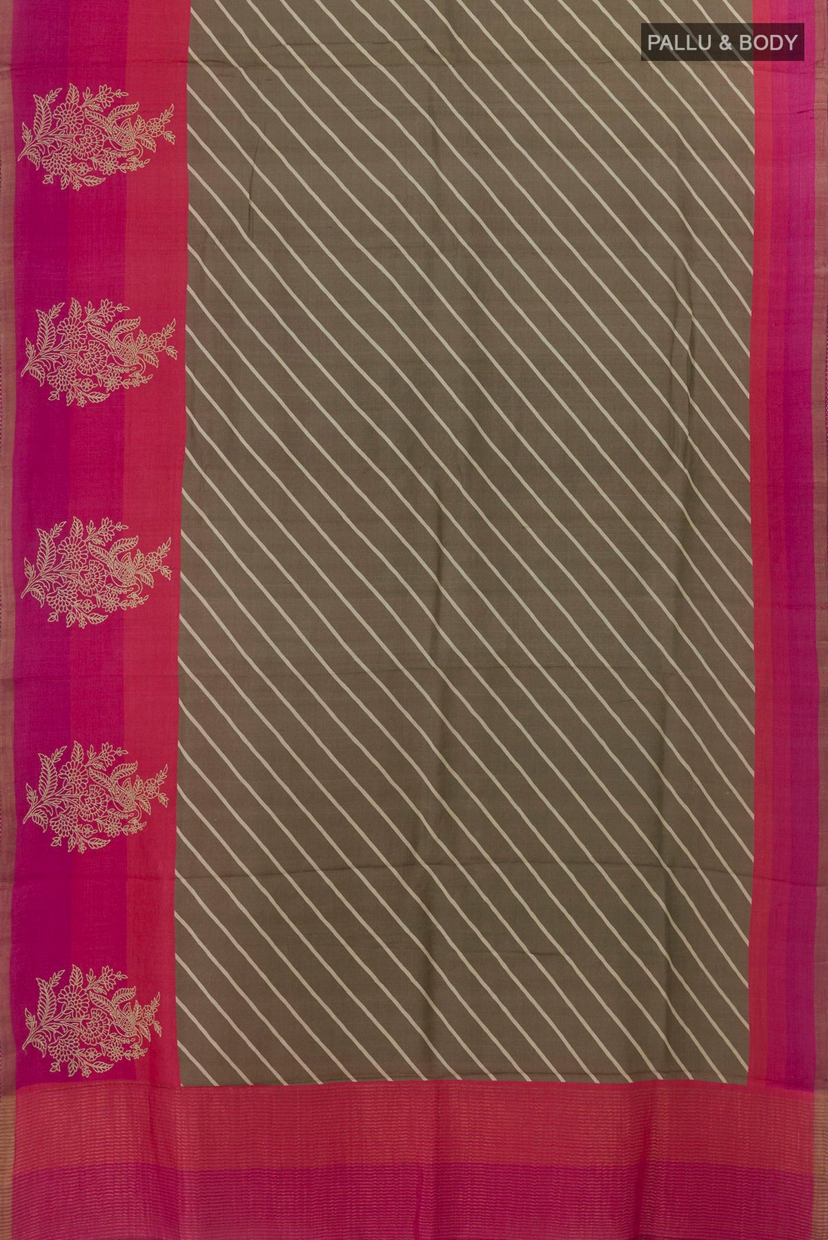 Flat view of Brown Tussar Silk Saree with Printed design on the body and Plain Border. 