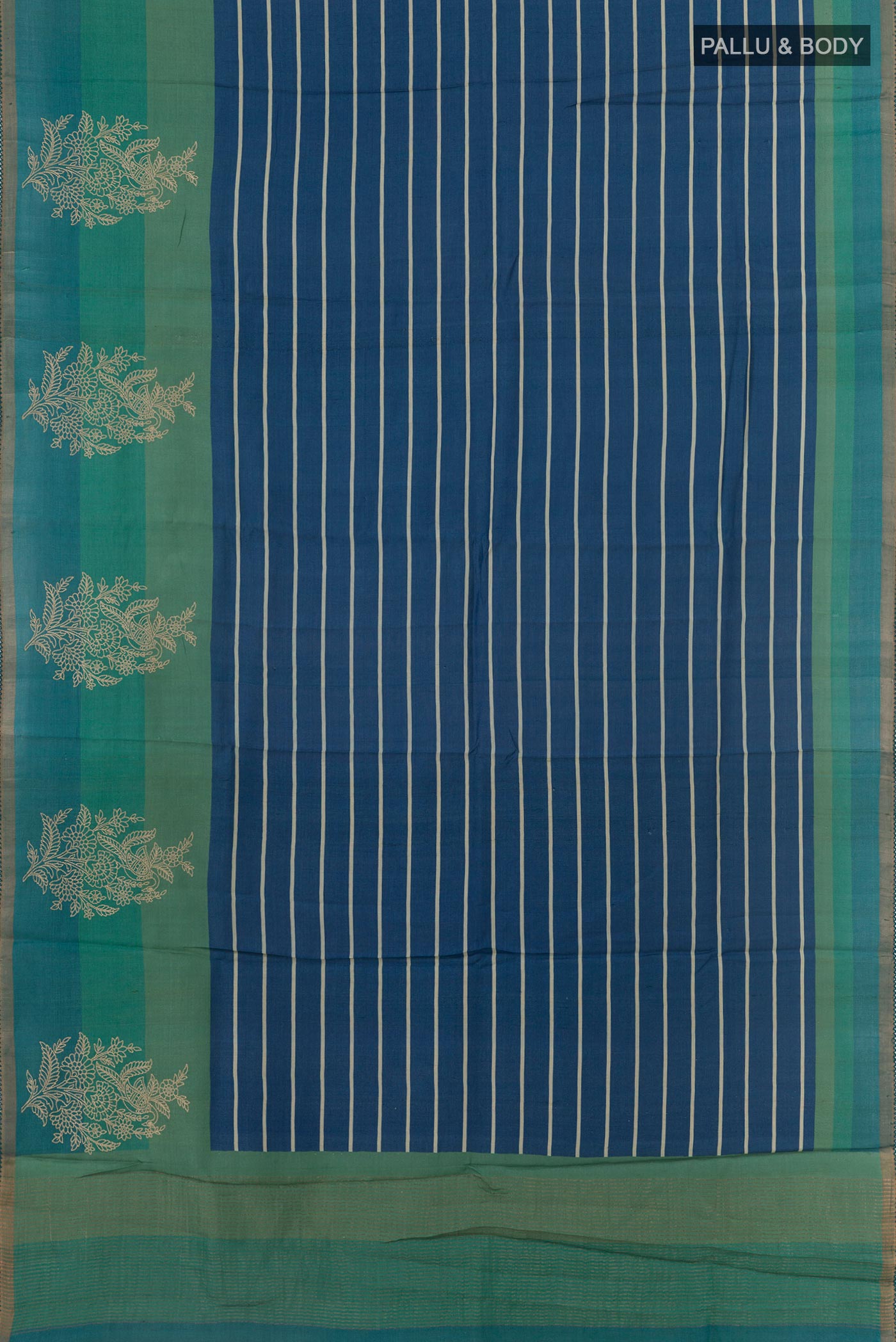 Flat view of Blue Tussar Saree with Stripes on the body and Embroidery Border. 