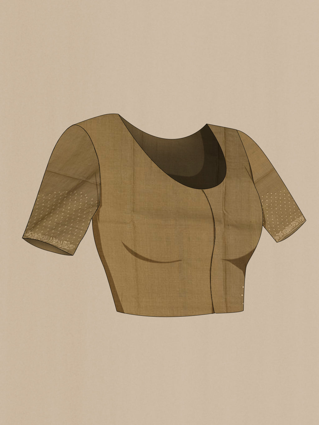 Close up image of the blouse of Beige Tussar Silk Saree with Embroidery on the body and Embroidery Border. 