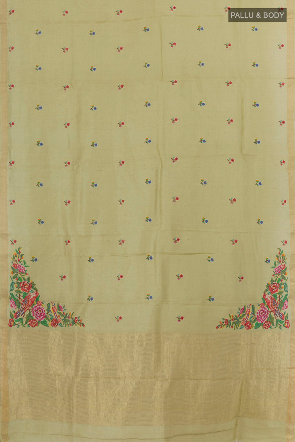 Flat view of Beige Tussar Silk Saree with Embroidery on the body and Zari Border. 