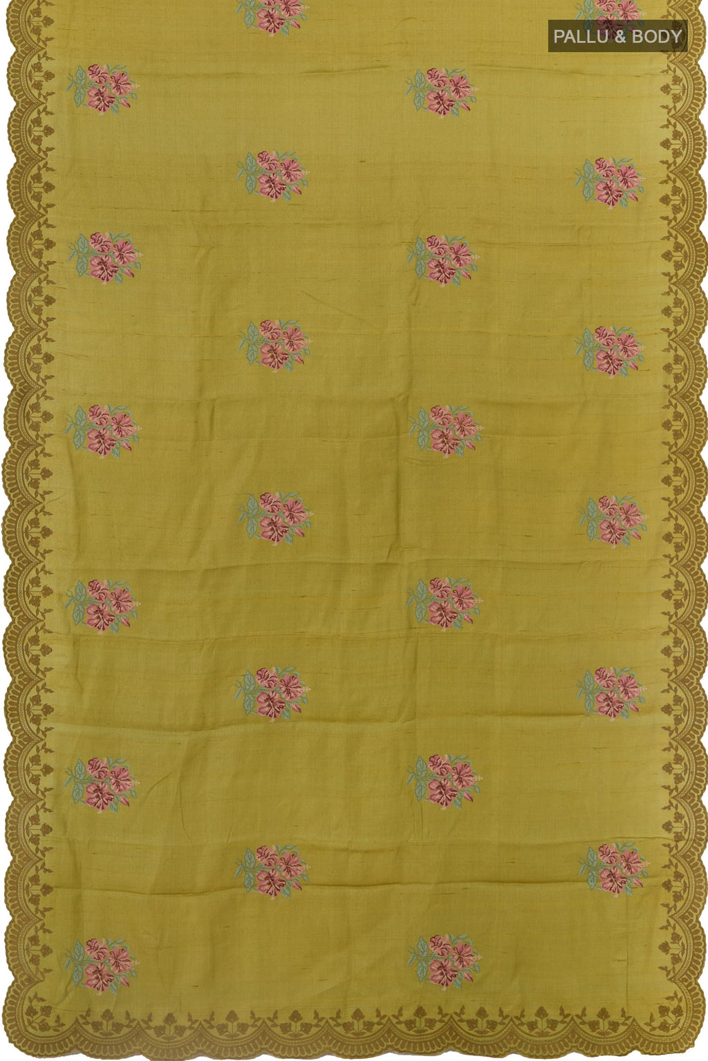 Flat view of Green Tussar Saree with Embroidery on the body and Embroidery Border. 