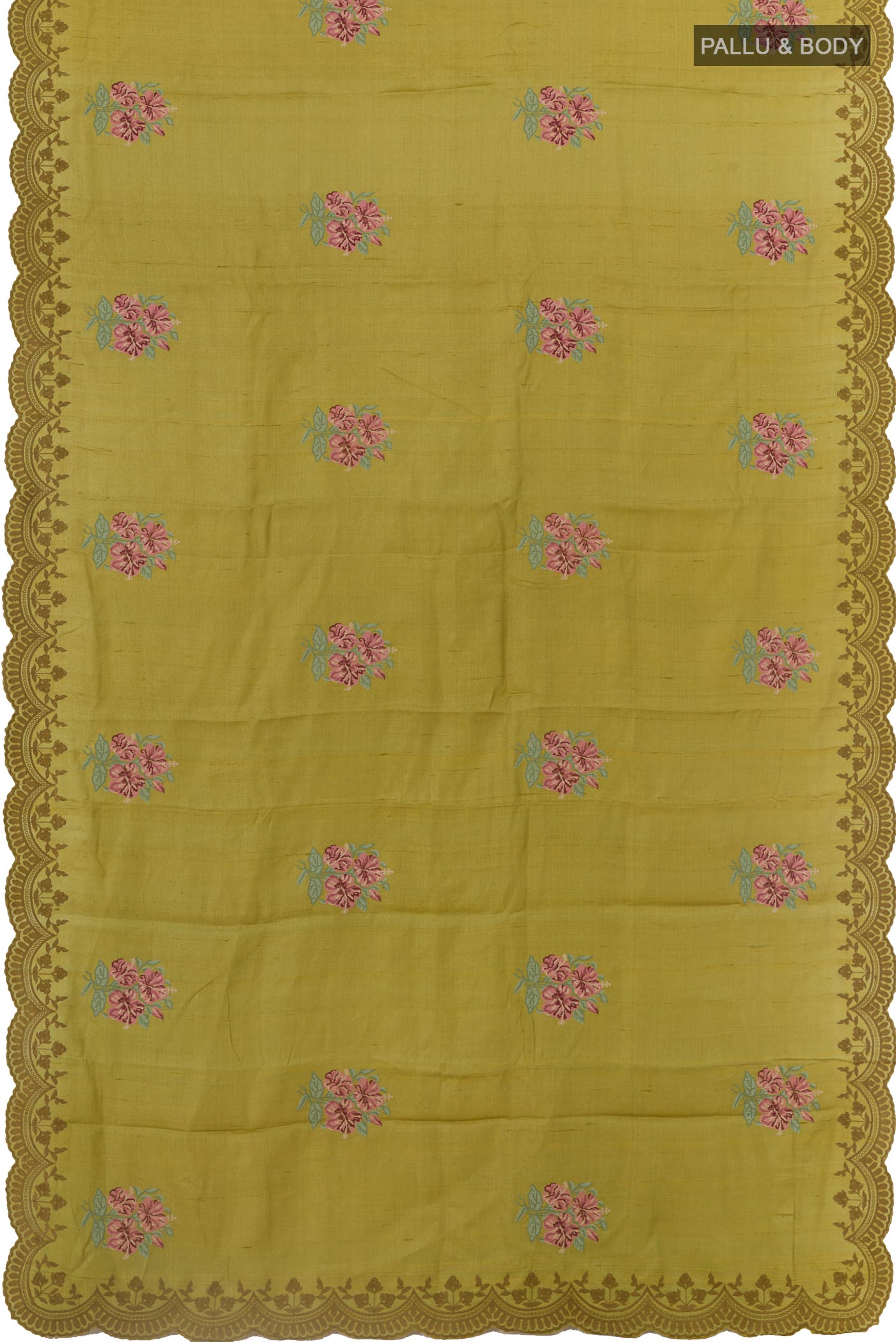 Flat view of Green Tussar Saree with Embroidery on the body and Embroidery Border. 