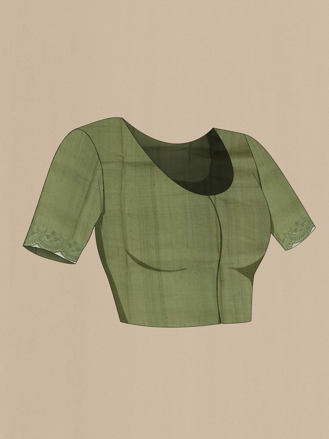Close up image of the blouse of Sage Green Tussar Silk Saree with Embroidery on the body and Embroidery Border. 