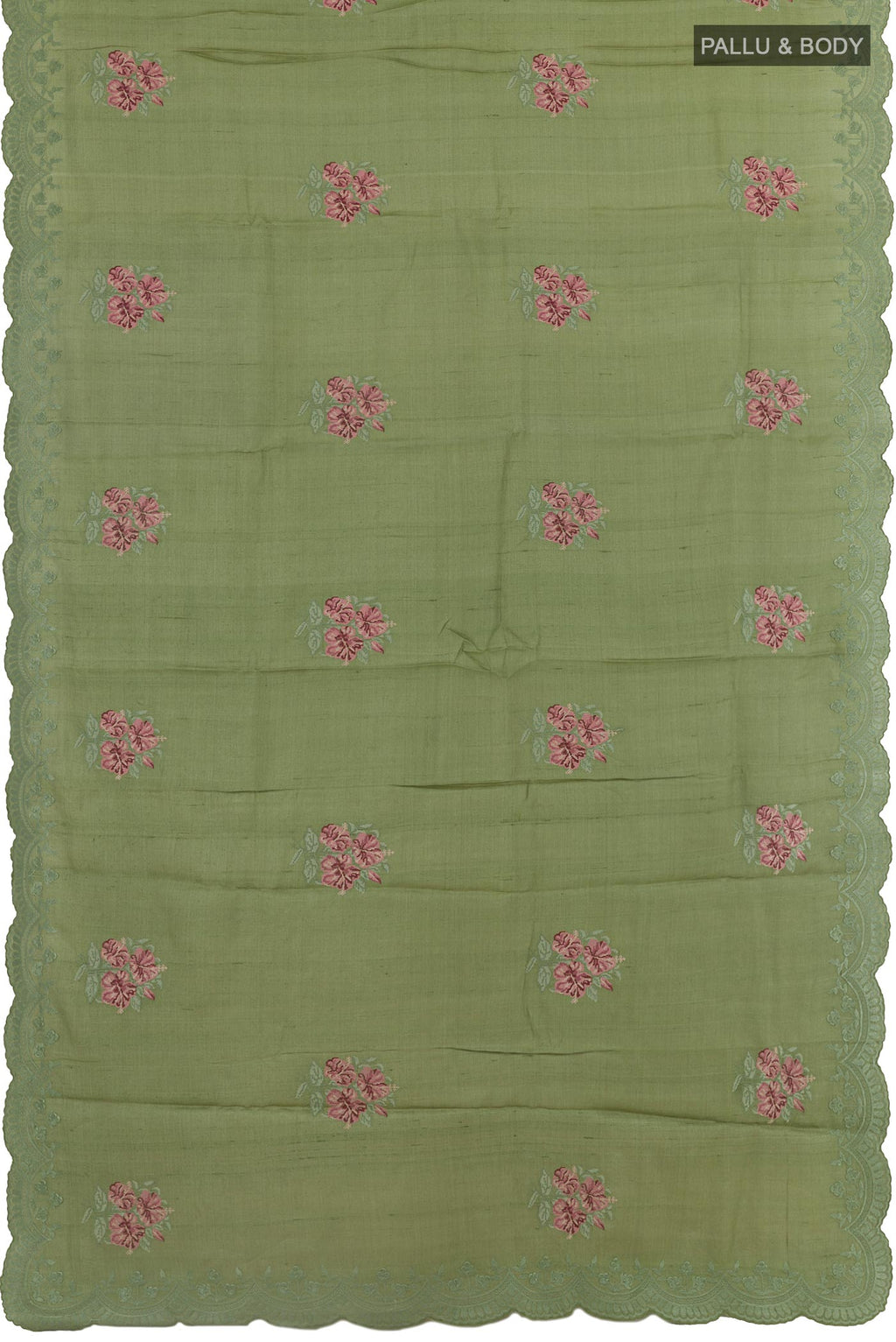 Flat view of Sage Green Tussar Silk Saree with Embroidery on the body and Embroidery Border. 