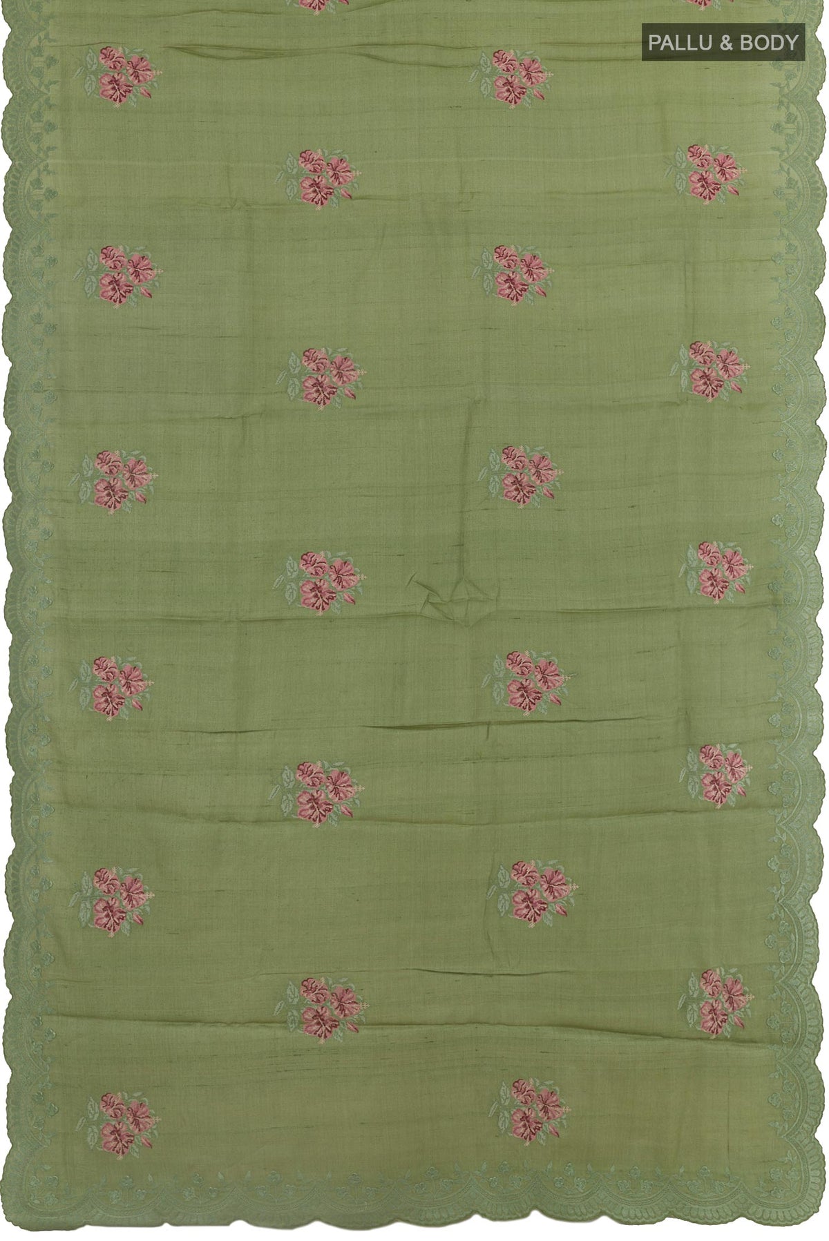 Flat view of Sage Green Tussar Silk Saree with Embroidery on the body and Embroidery Border. 