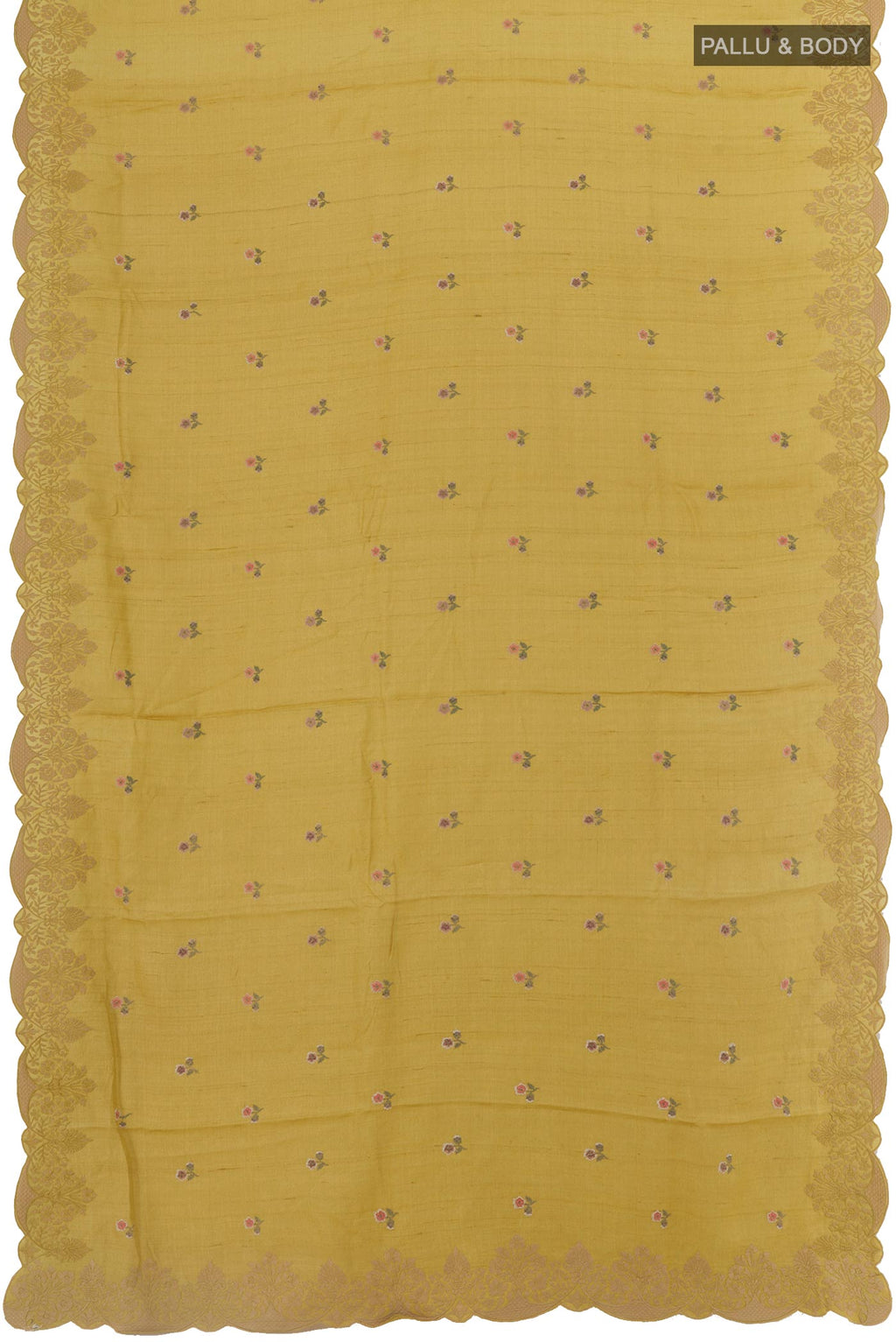 Flat view of Mustard Tussar Silk Saree with Embroidery on the body and Embroidery Border. 