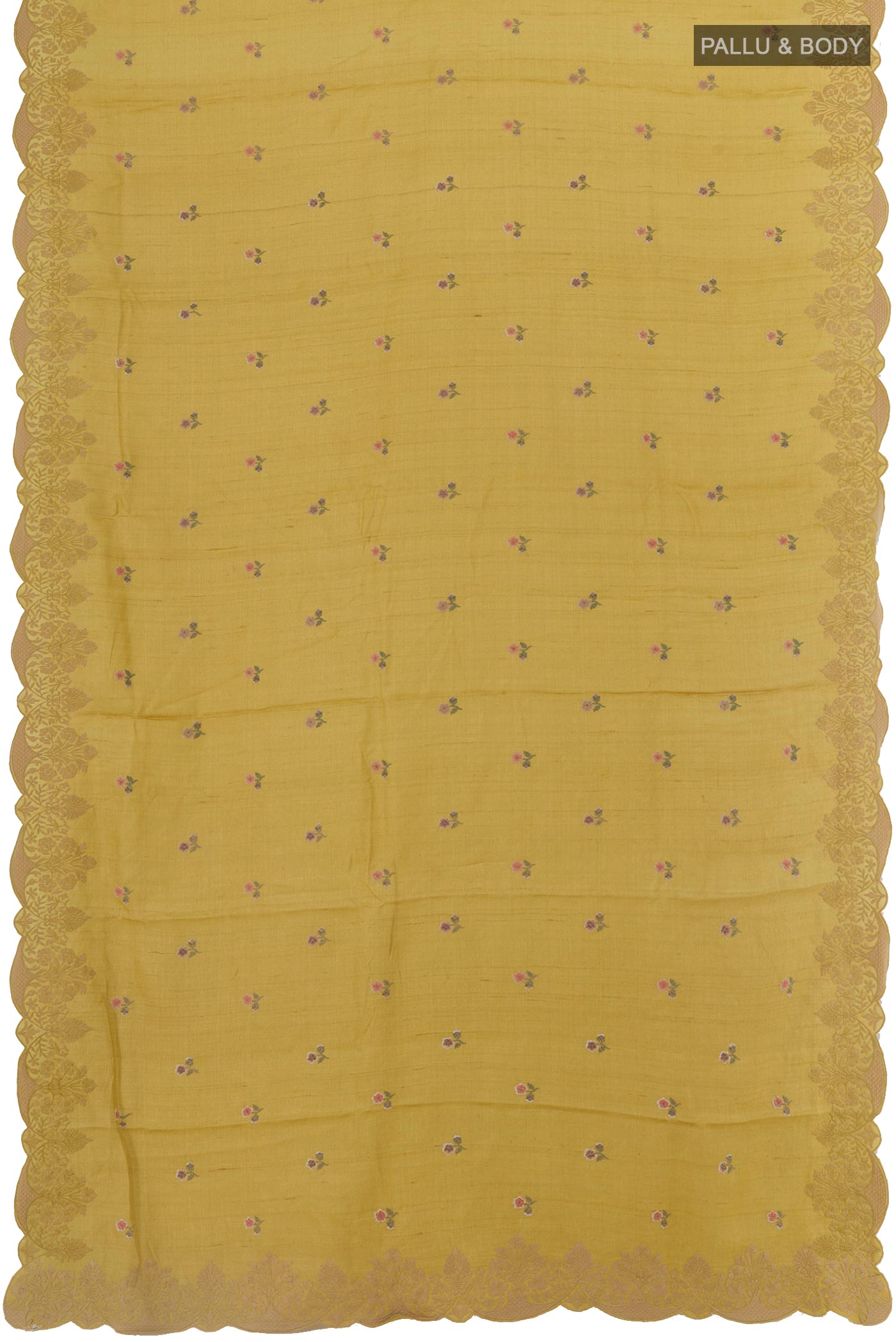 Flat view of Mustard Tussar Silk Saree with Embroidery on the body and Embroidery Border. 