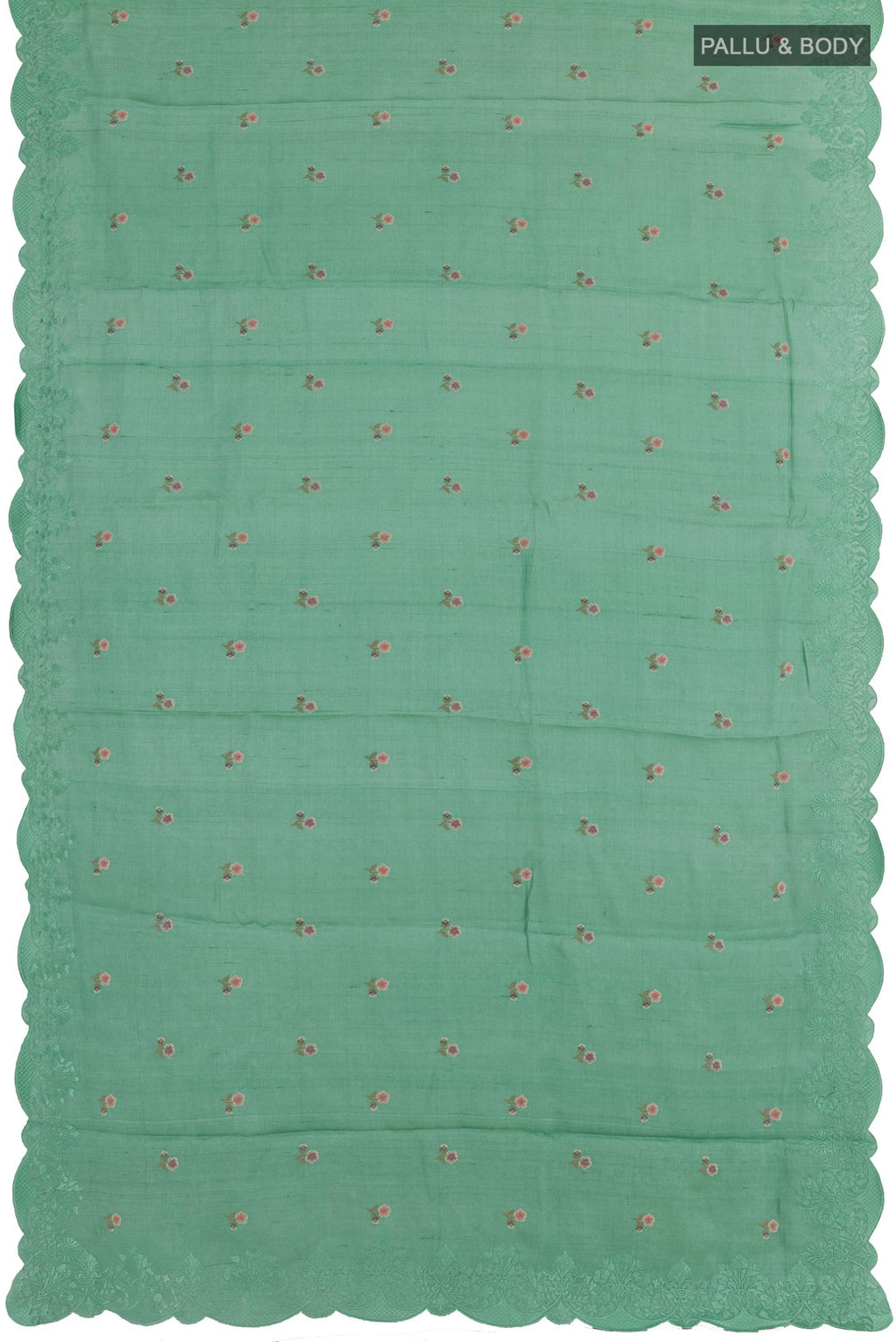 Flat view of Sea Green Tussar Silk Saree with Embroidery on the body and Embroidery Border. 