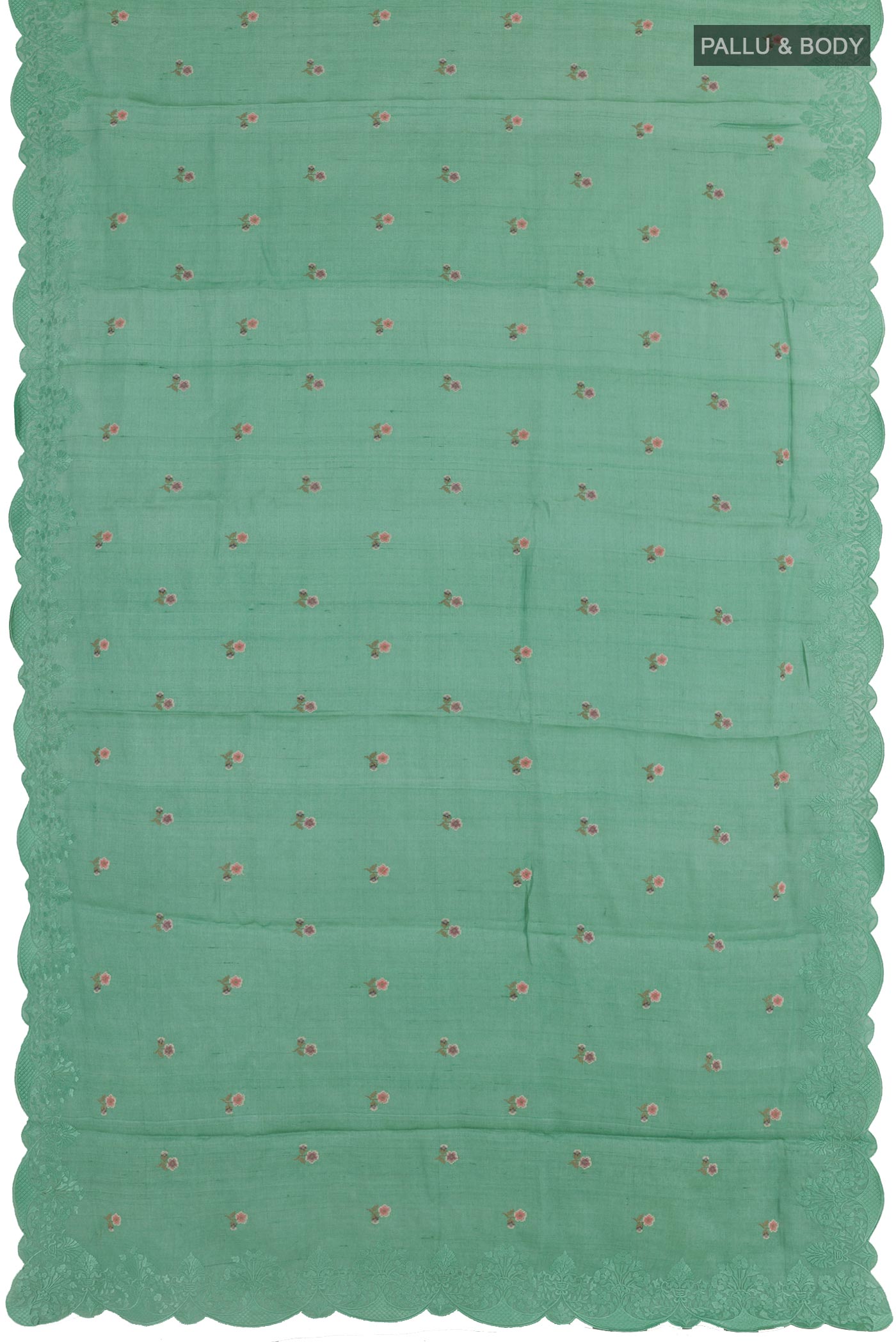 Flat view of Sea Green Tussar Silk Saree with Embroidery on the body and Embroidery Border. 
