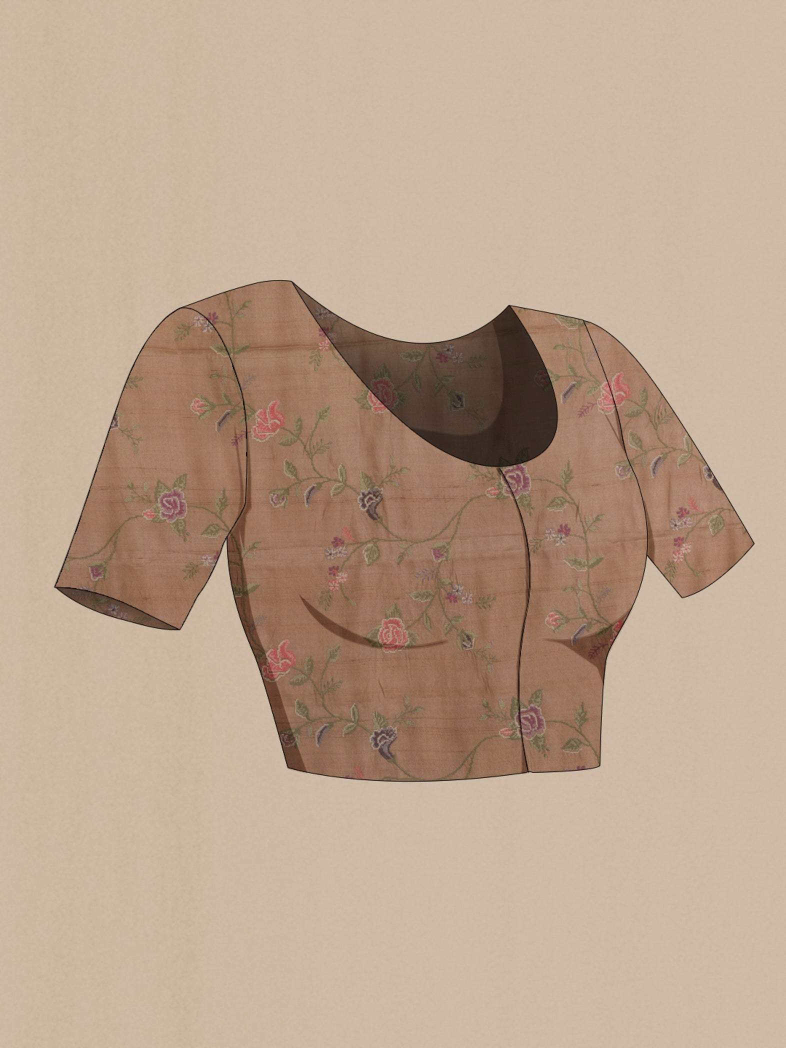 Close up image of the blouse of Beige Tussar Saree with Embroidery on the body and Embroidery Border. 