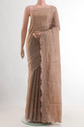 Beige Tussar Saree with Embroidery on the body and Embroidery Border.  displayed on a mannequin