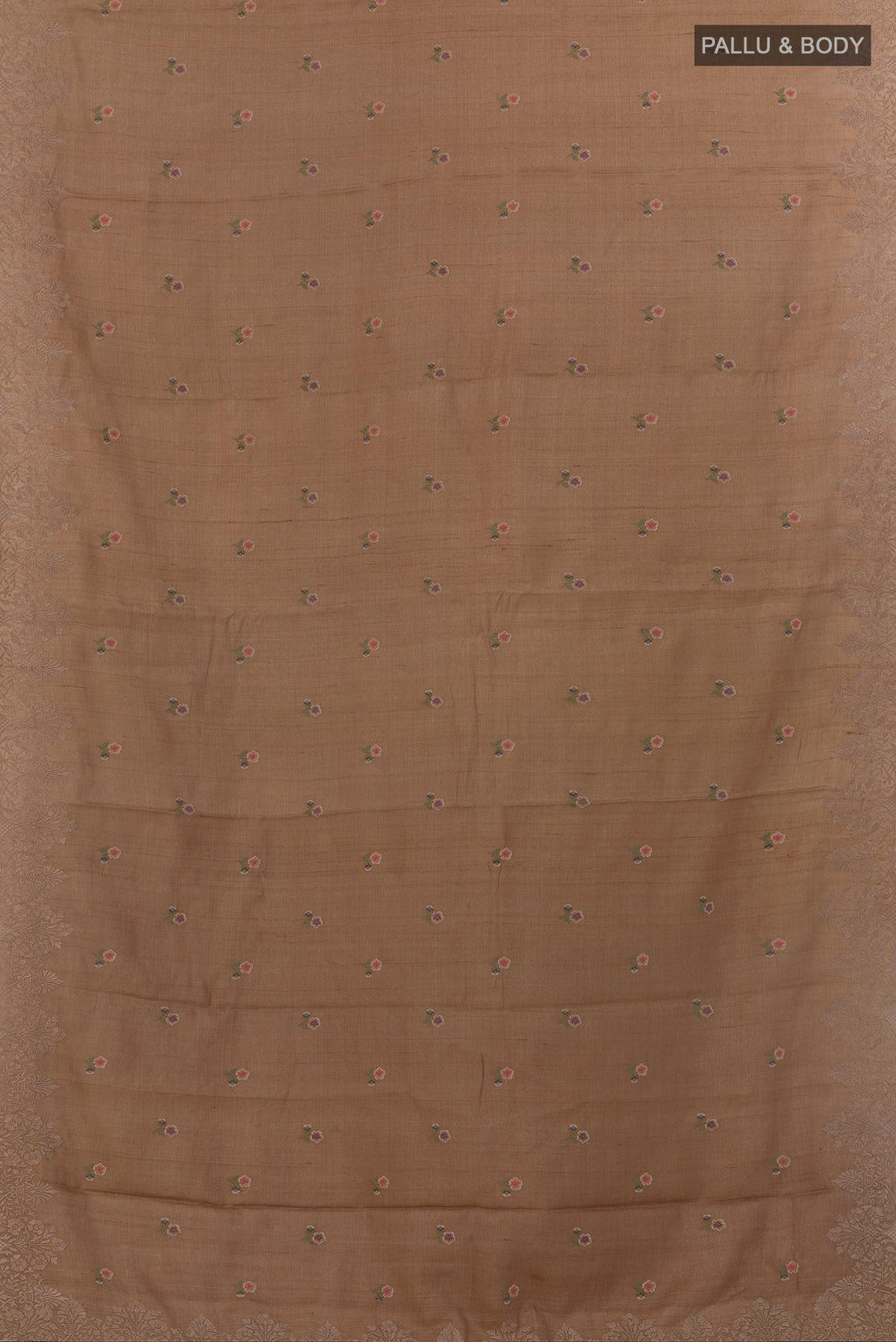 Flat view of Beige Tussar Saree with Embroidery on the body and Embroidery Border. 