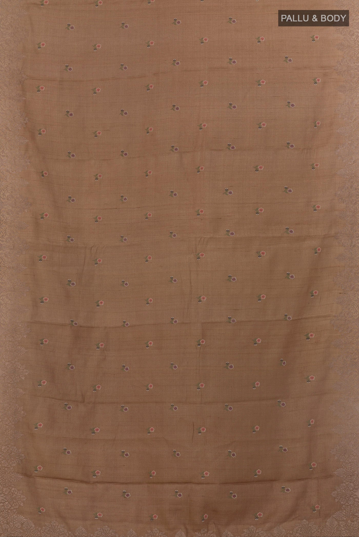 Flat view of Beige Tussar Saree with Embroidery on the body and Embroidery Border. 