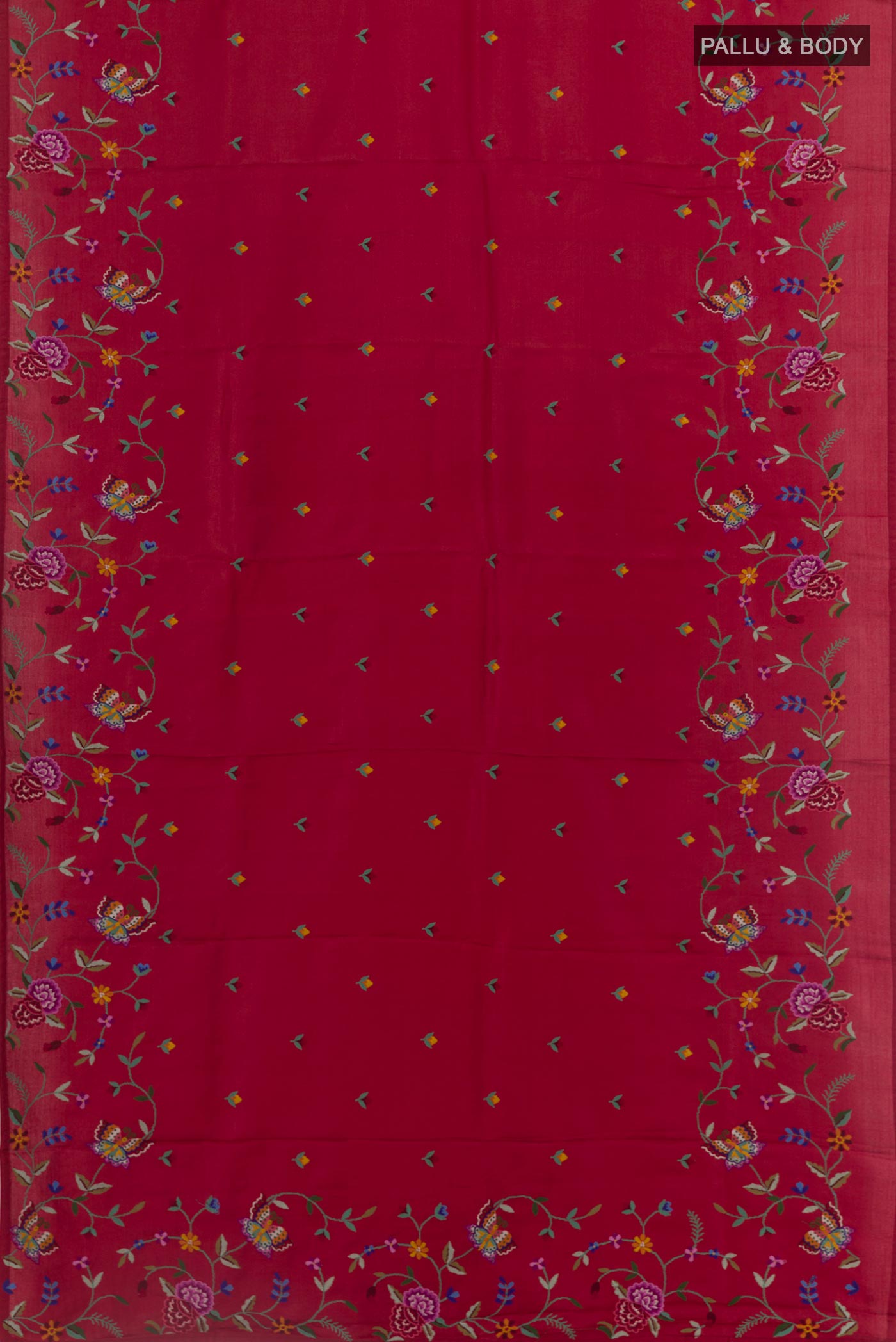 Flat view of Red Tussar Saree with Embroidery on the body and Embroidery Border. 