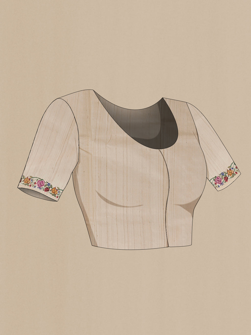 Close up image of the blouse of Cream Tussar Saree with Embroidery on the body and Embroidery Border. 