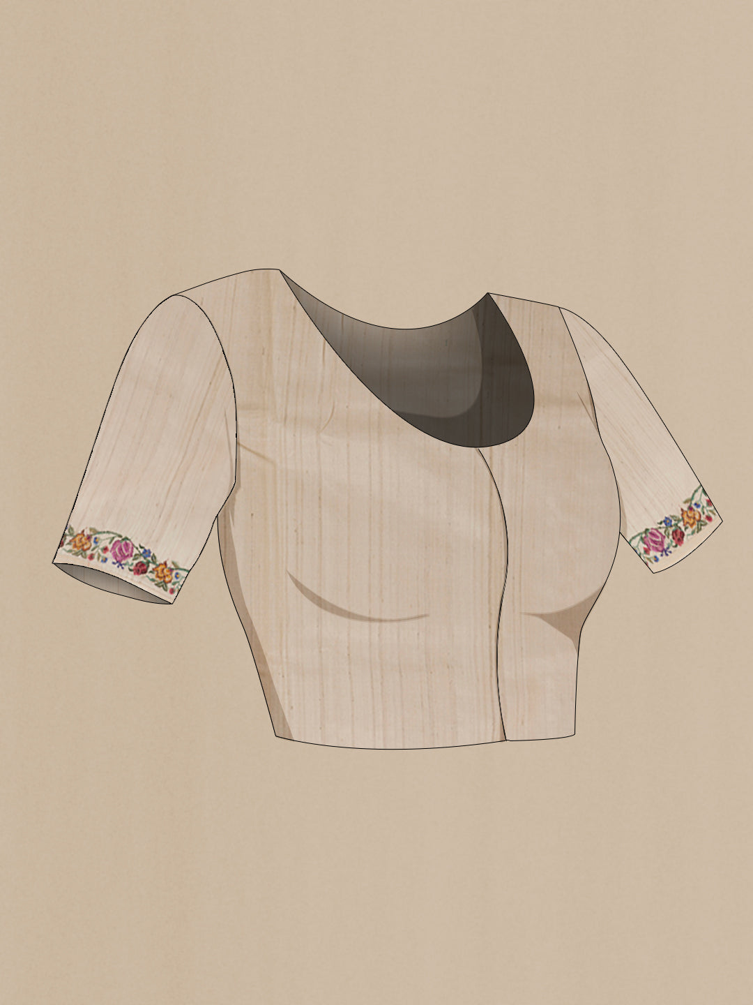 Close up image of the blouse of Cream Tussar Saree with Embroidery on the body and Embroidery Border. 