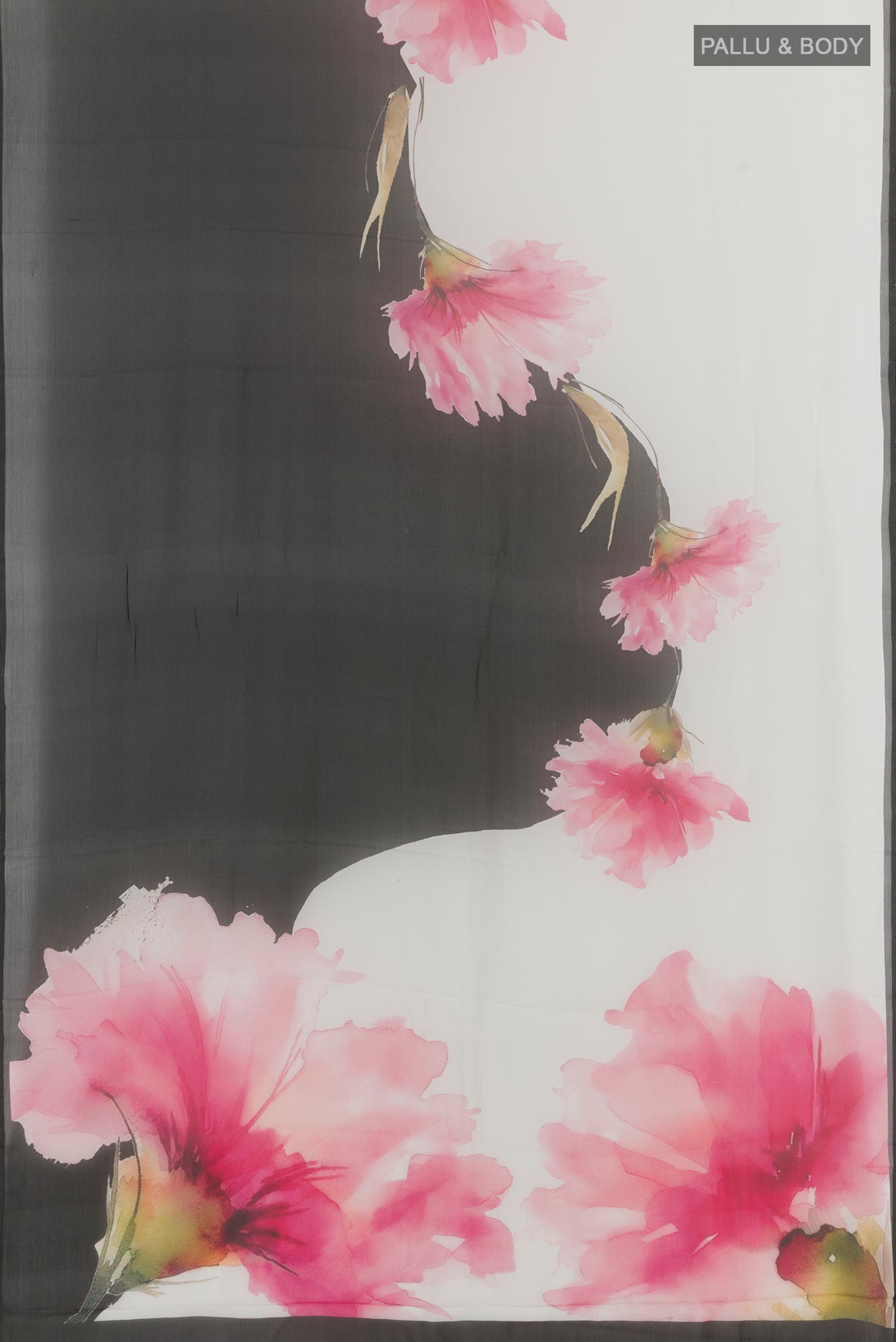 Flat view of Black Chiffon Saree with Printed design on the body and Zari Border. 