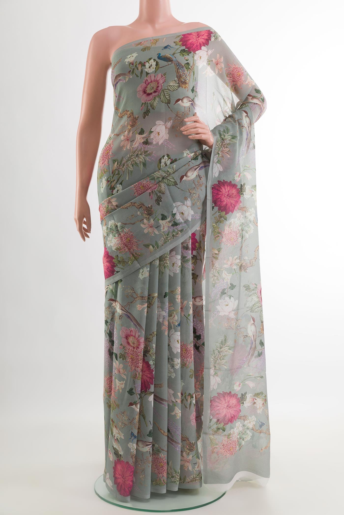 Grey Mysore Chiffon Saree with Floral Print on the body and Without Border.  displayed on a mannequin