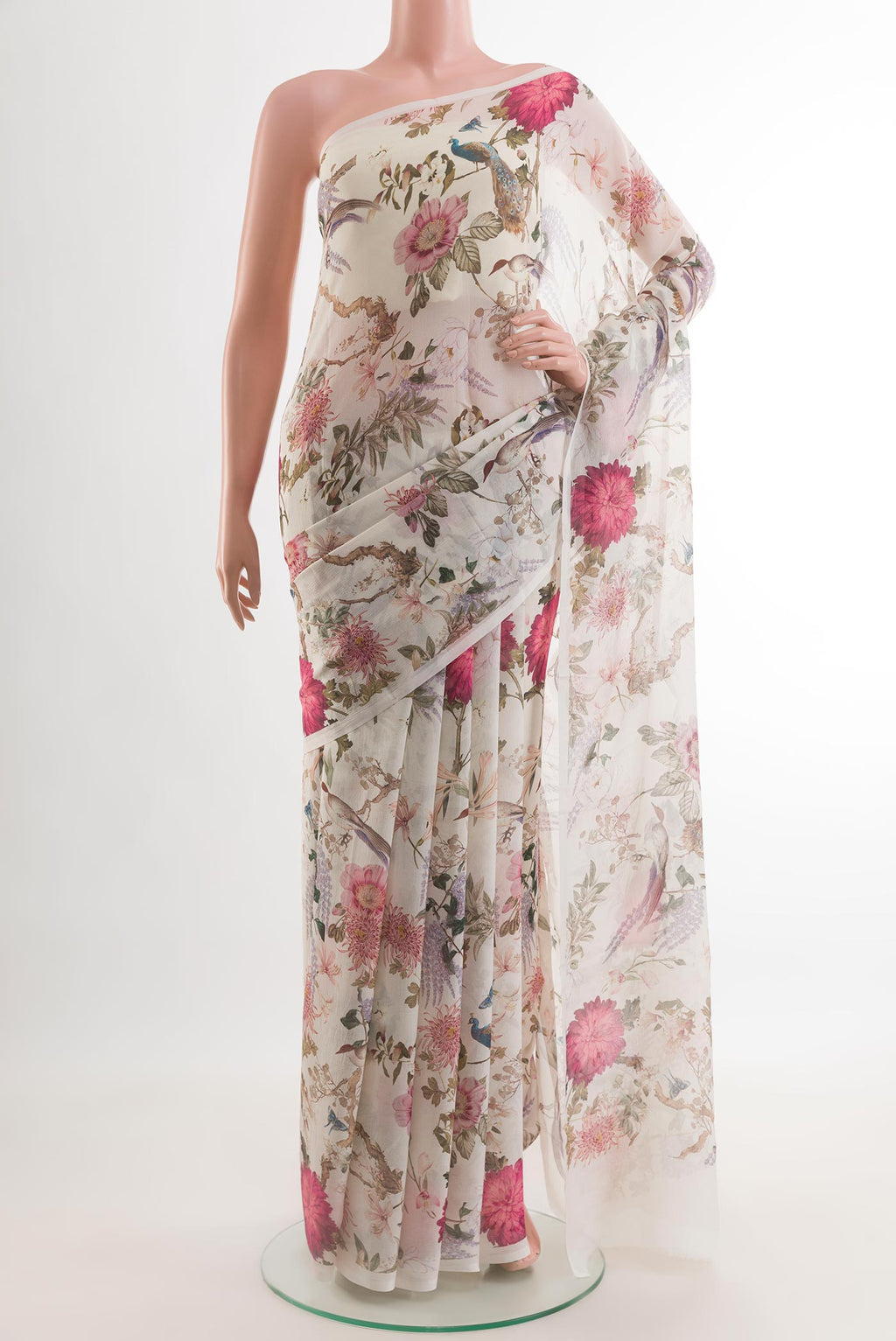 Off White Mysore Chiffon Saree with Floral Print on the body and Plain Border.  displayed on a mannequin